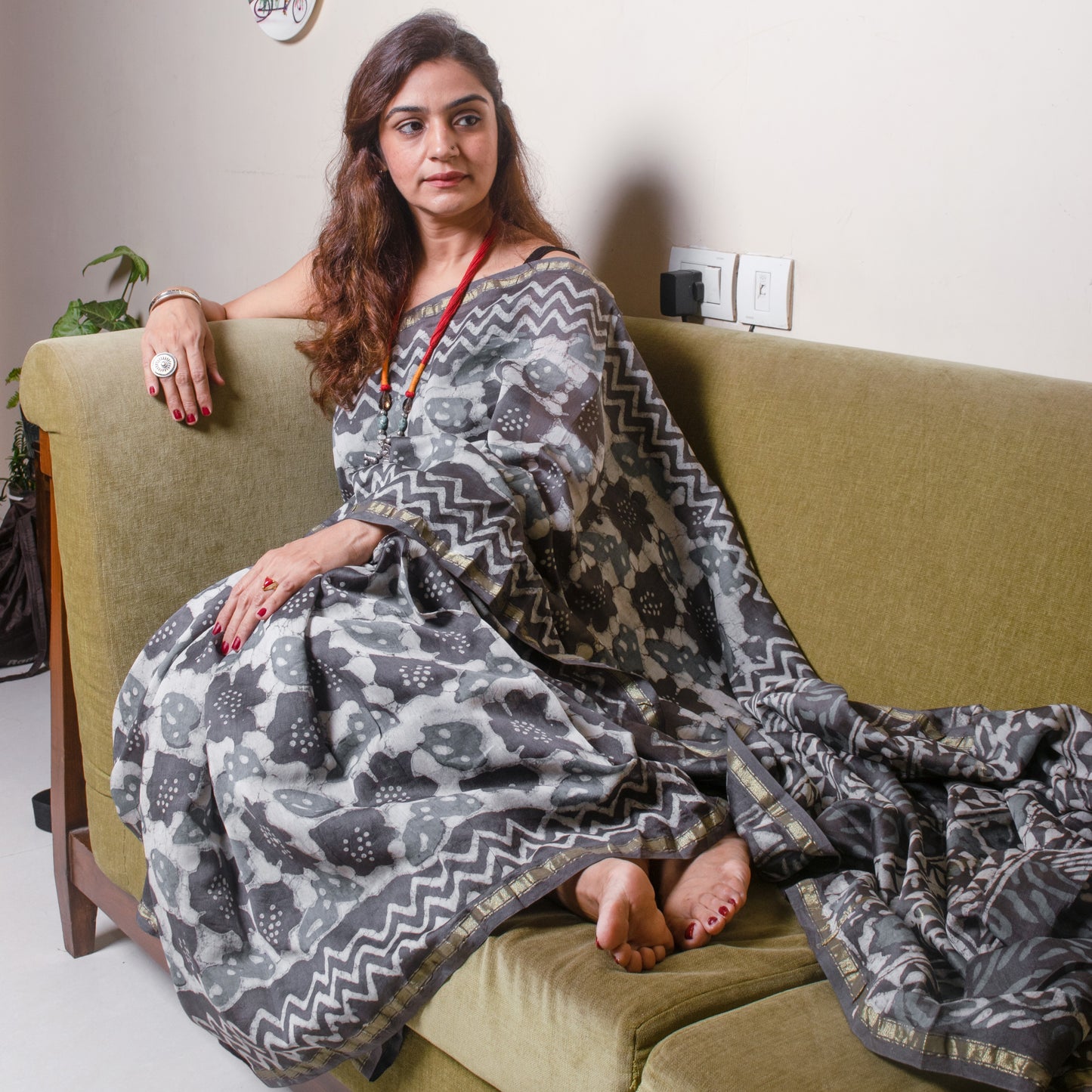 Grey floral block print Chanderi