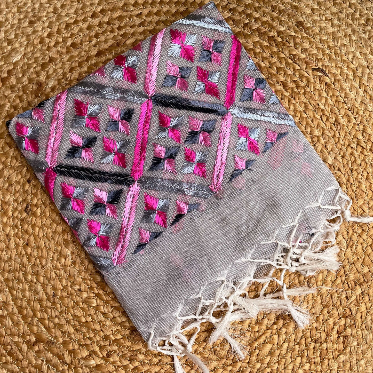 Grey Phulkari embroidery Dupatta