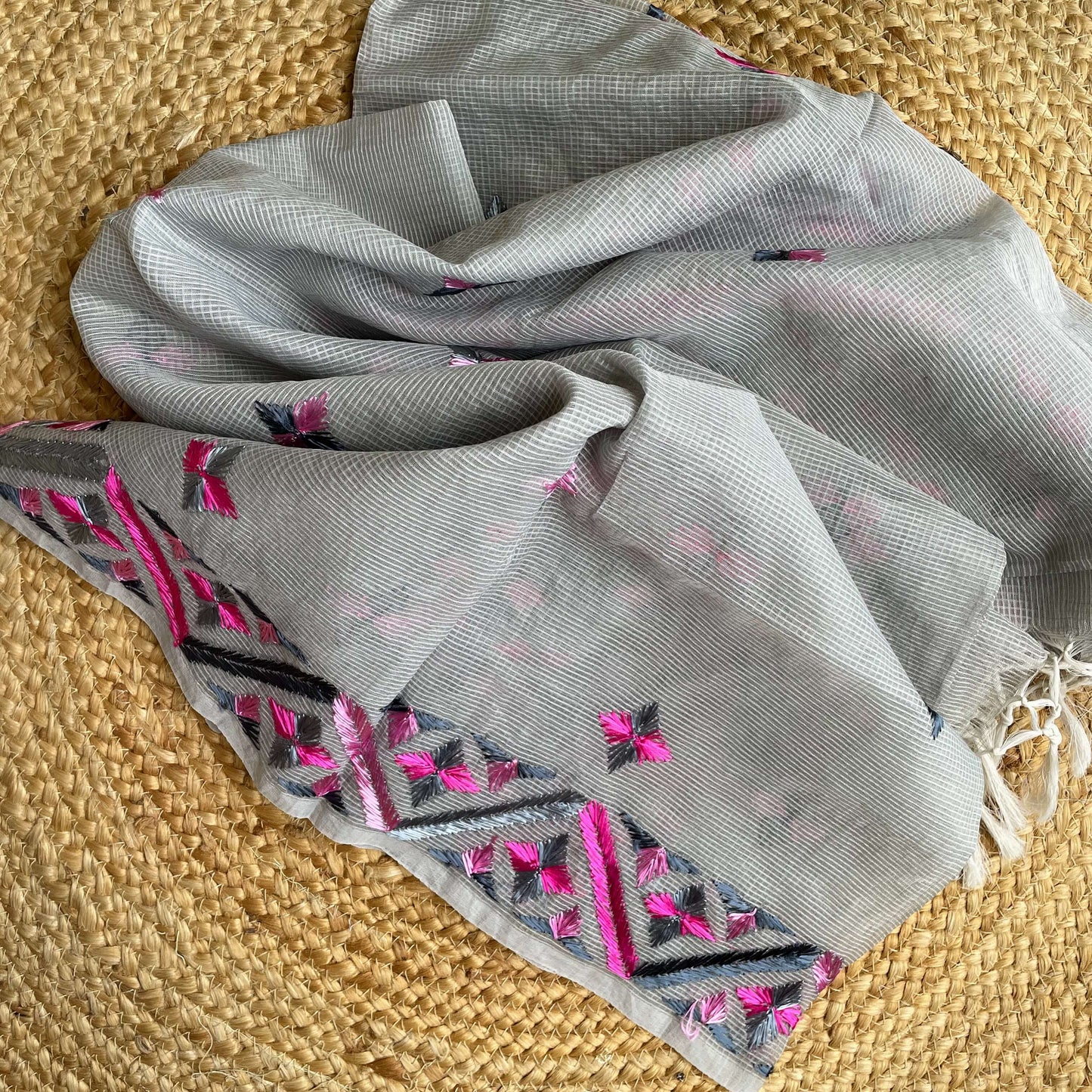 Grey Phulkari embroidery Dupatta