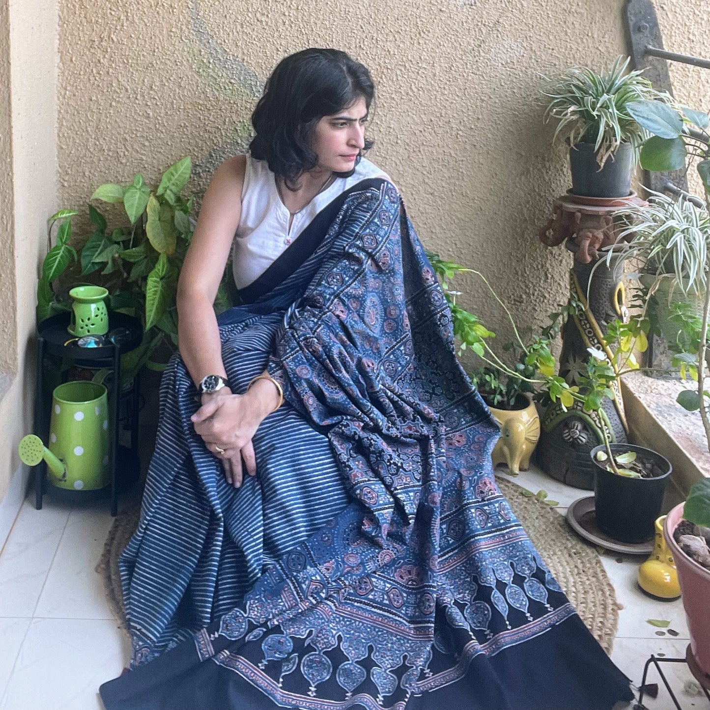 indigo stripe ajrakh saree