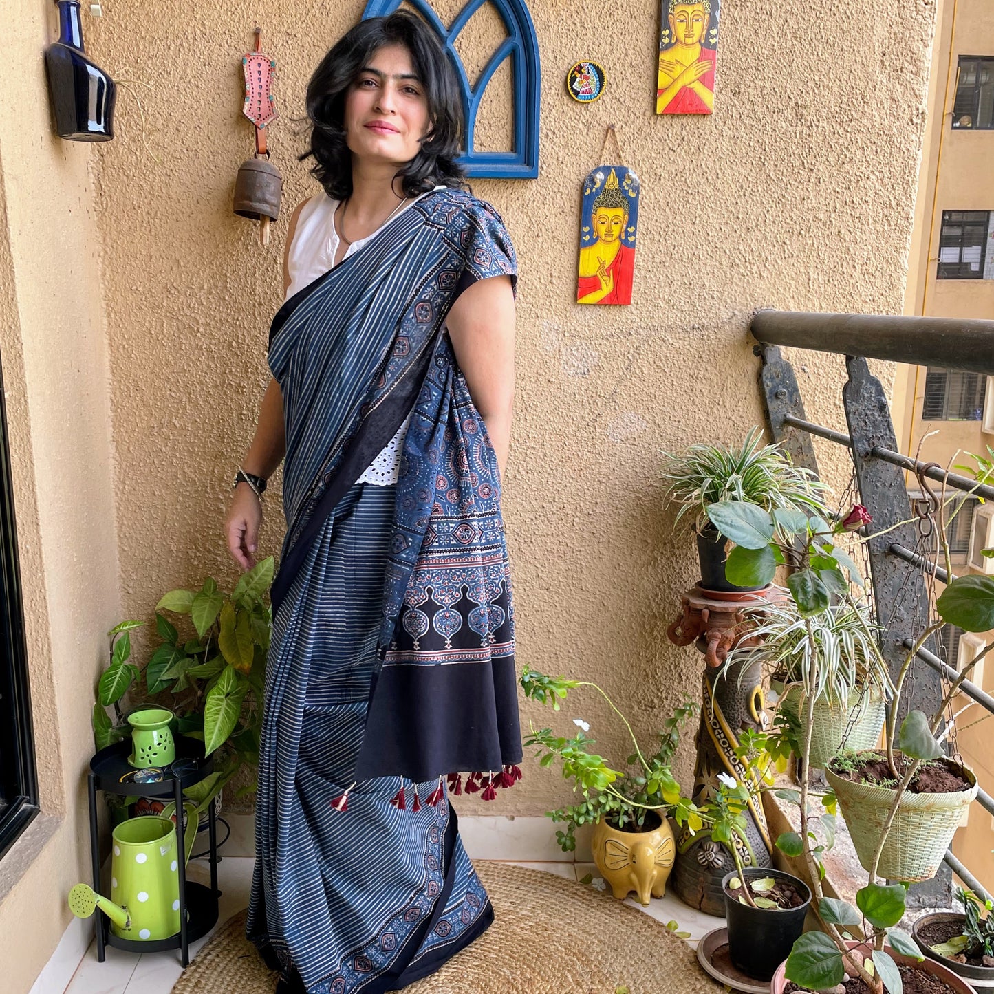 indigo stripe ajrakh saree