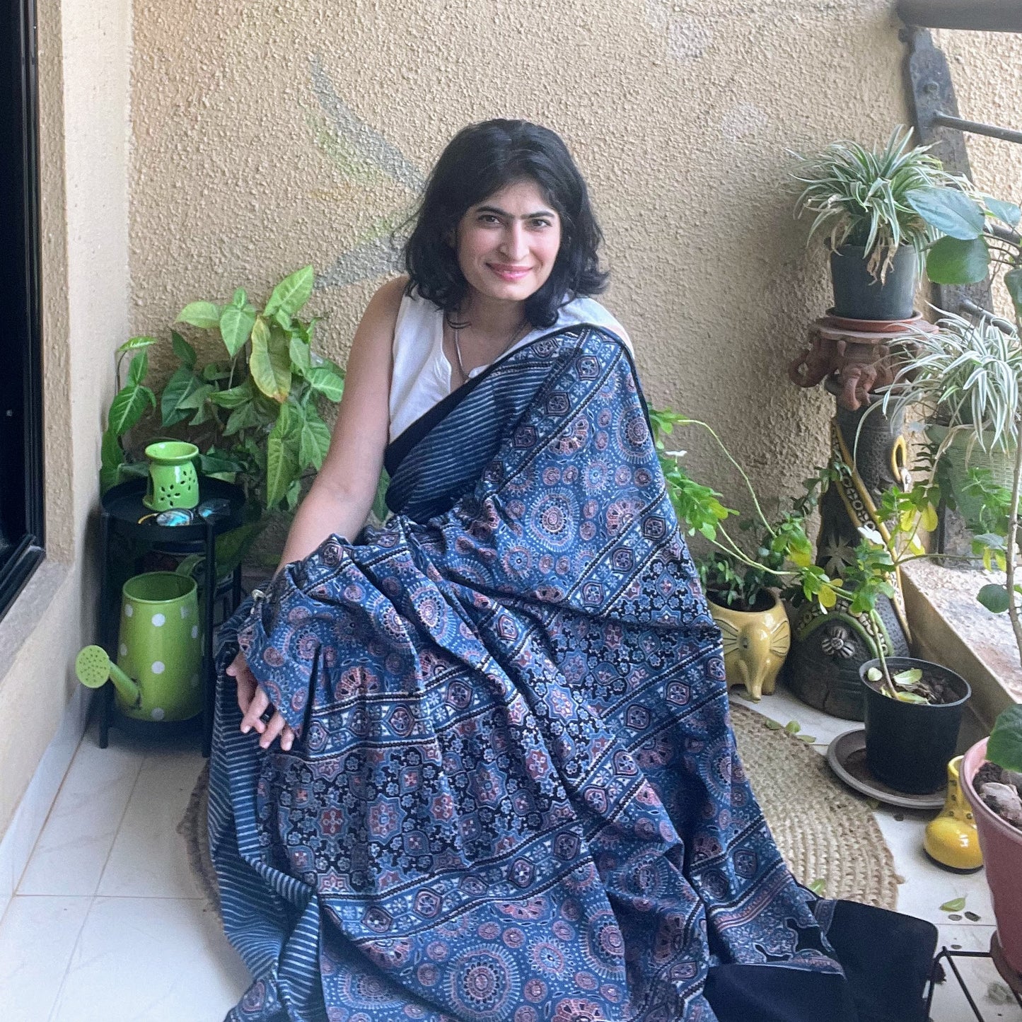 indigo stripe ajrakh saree