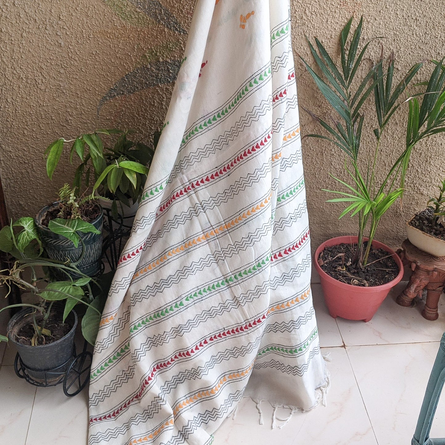White cotton Kantha Stitch saree