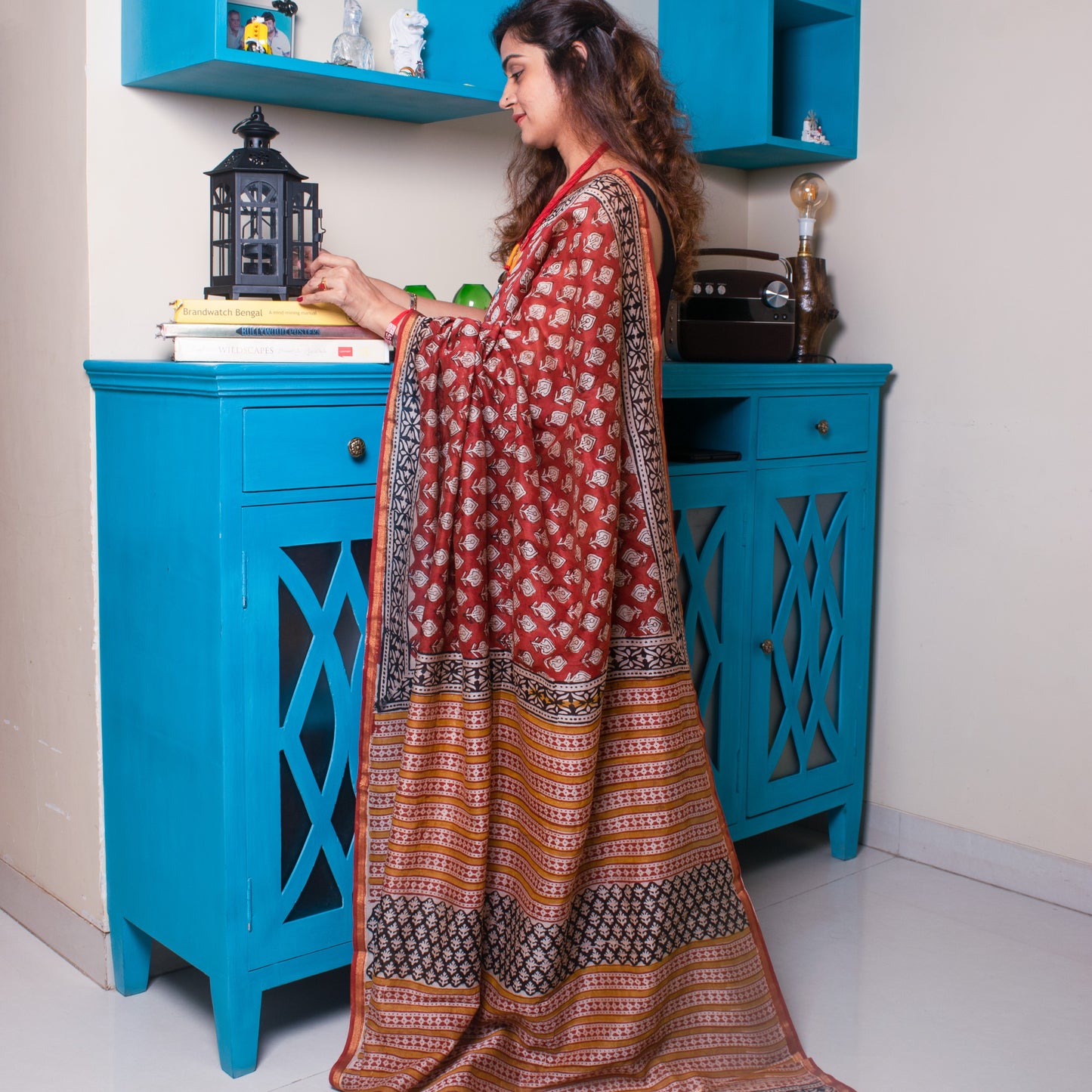 Maroon block print Chanderi