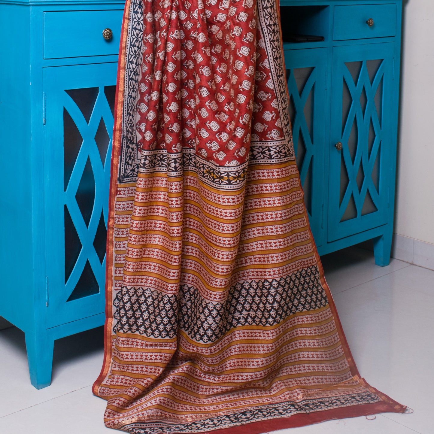 Maroon block print Chanderi