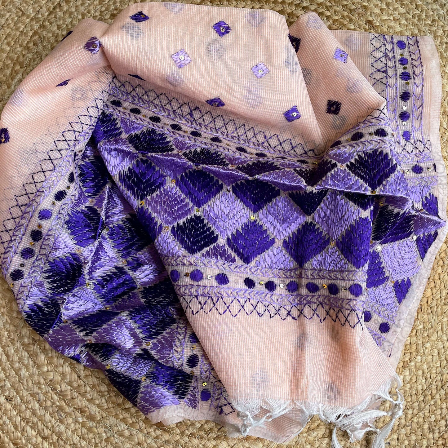 Peach and blue Phulkari embroidery Dupatta