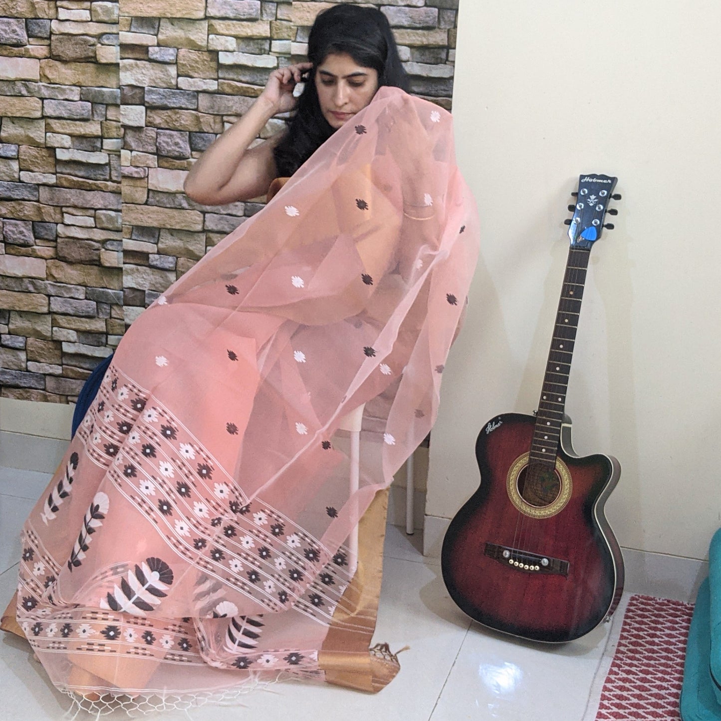 Peach Jamdani Cotton