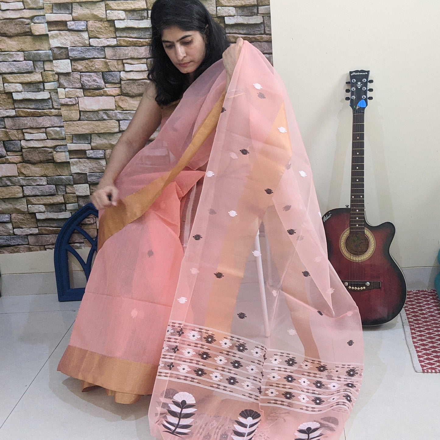 Peach Jamdani Cotton