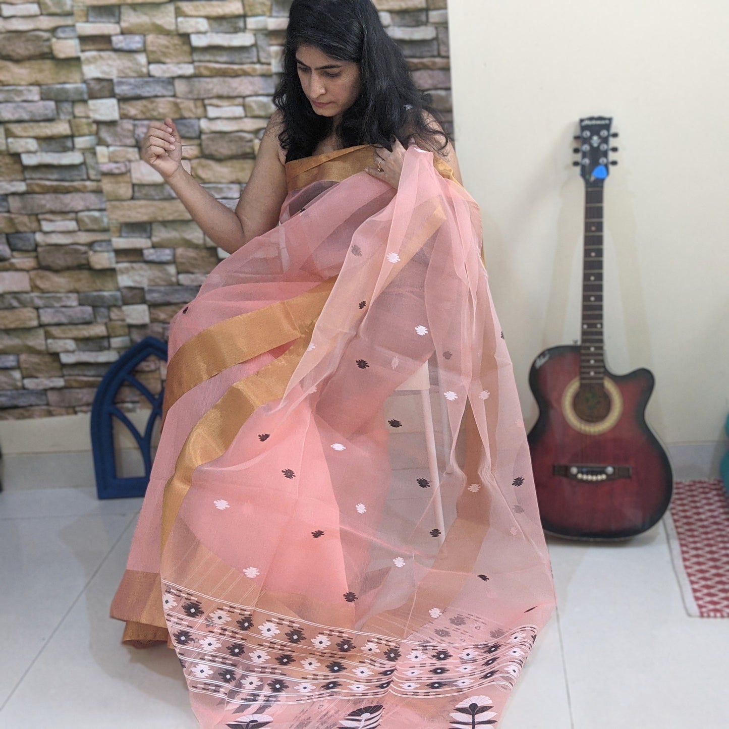 Peach Jamdani Cotton