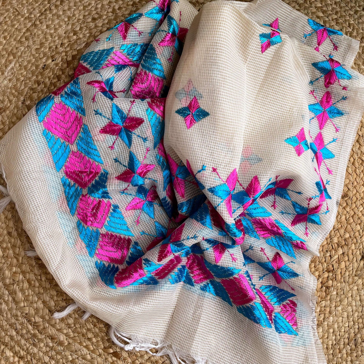 Pink and blue Phulkari embroidery Dupatta