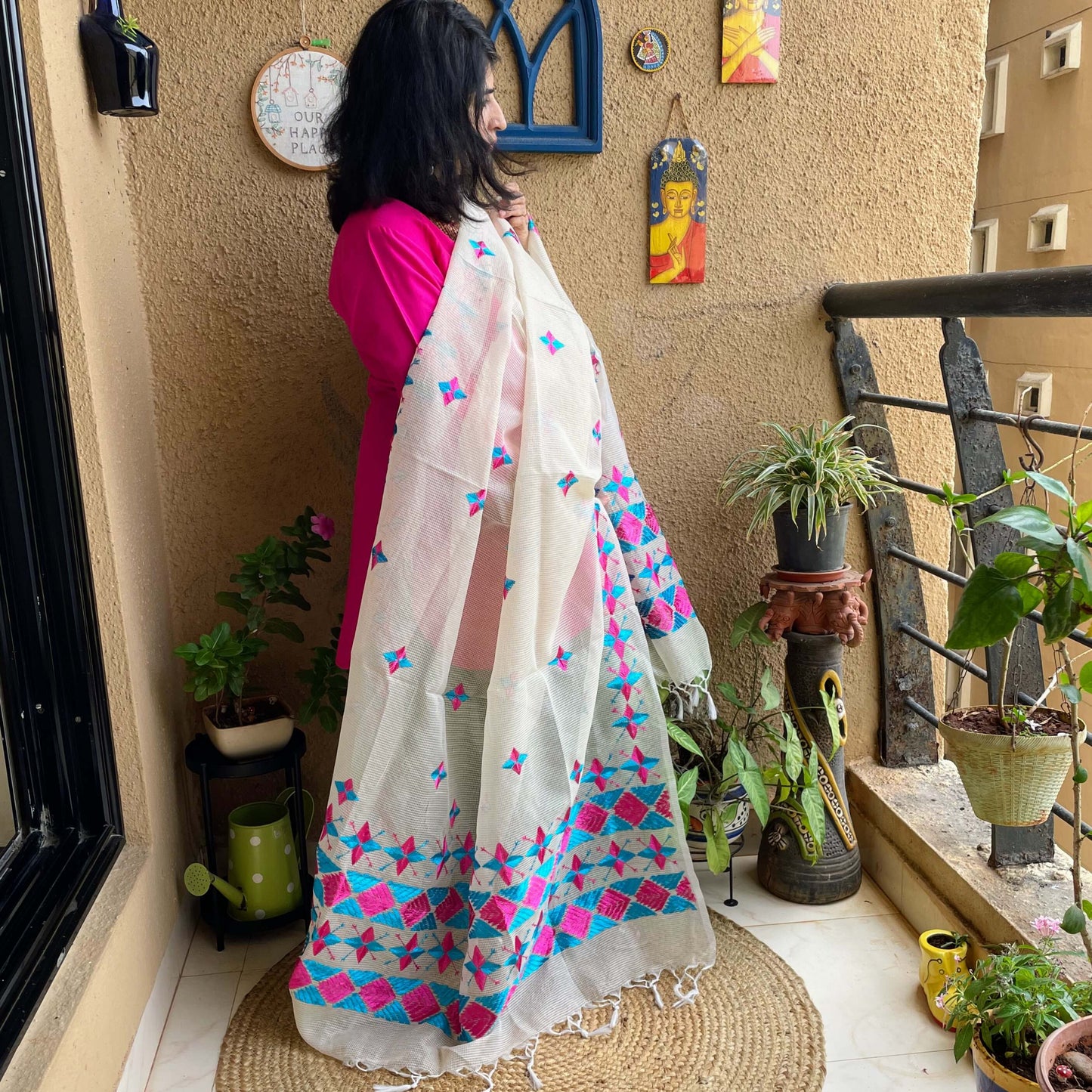 Pink and blue Phulkari embroidery Dupatta