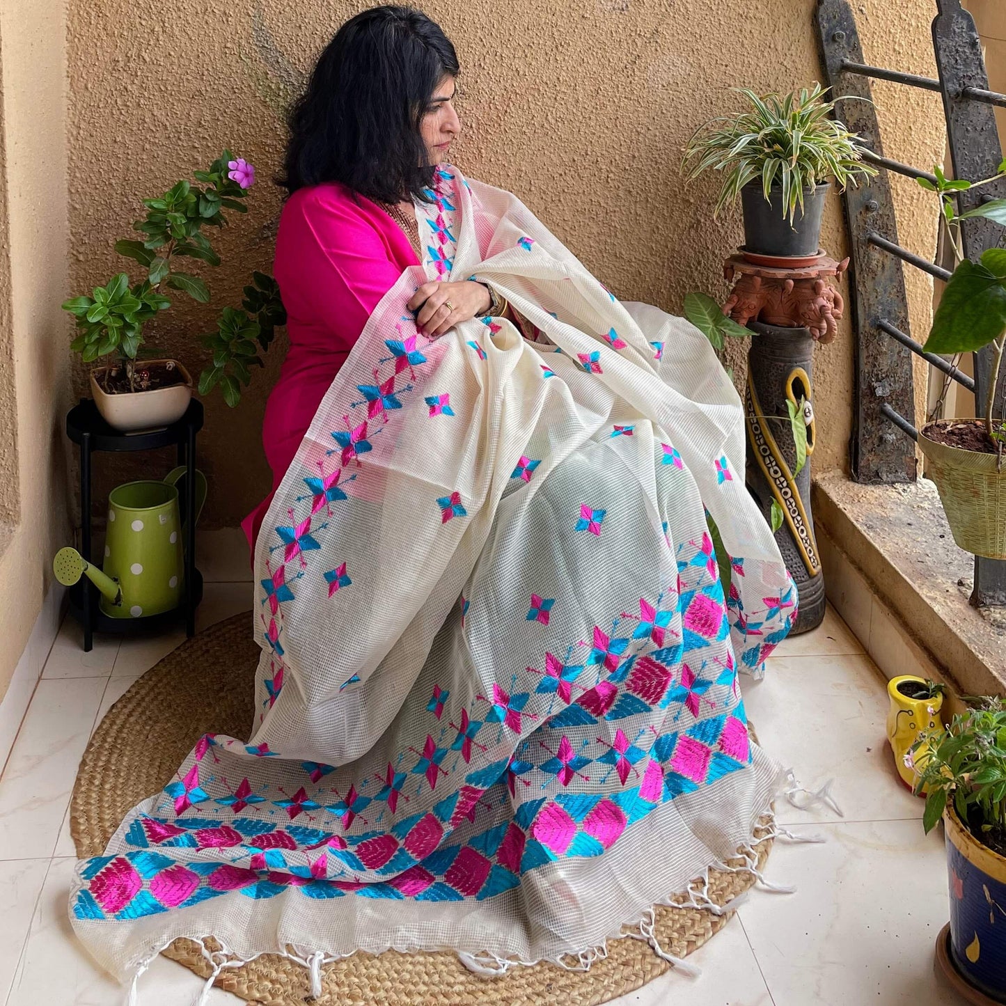 Pink and blue Phulkari embroidery Dupatta