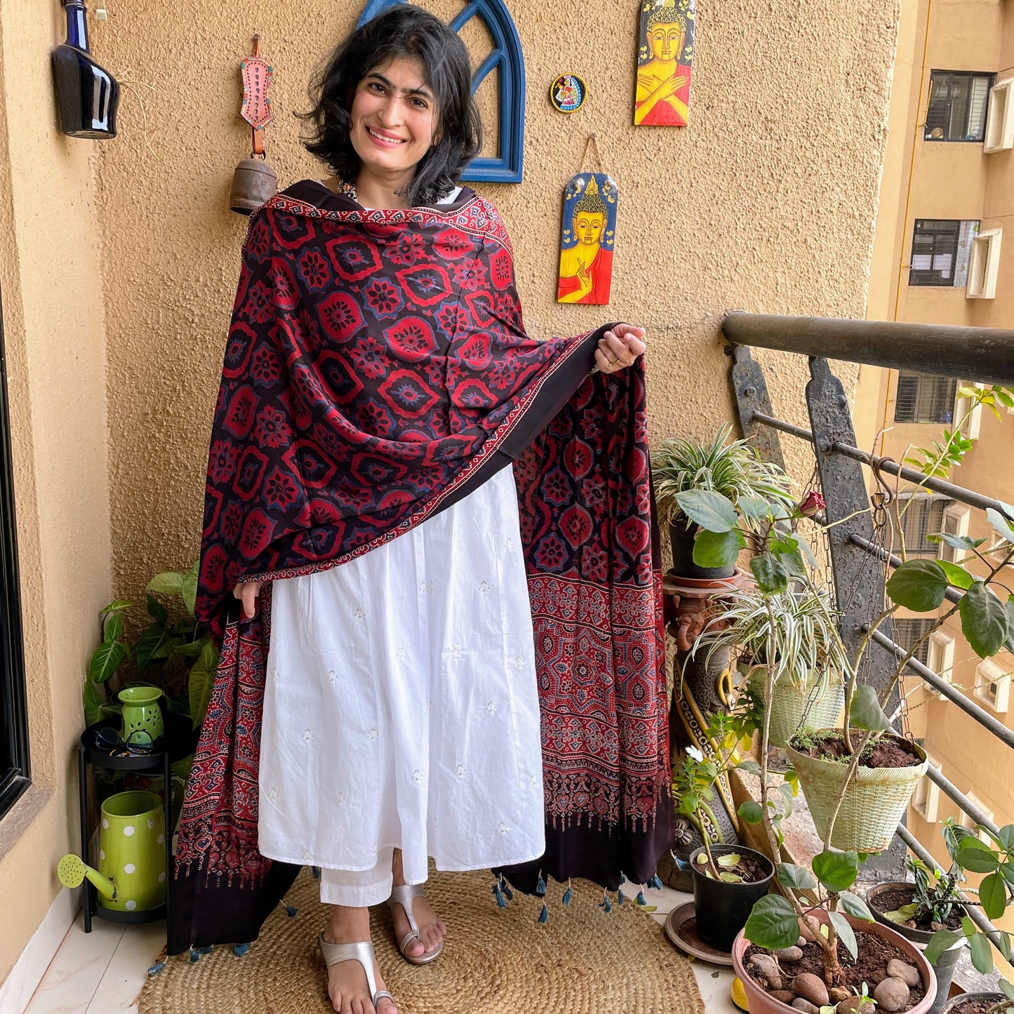 rust silk ajrakh dupatta