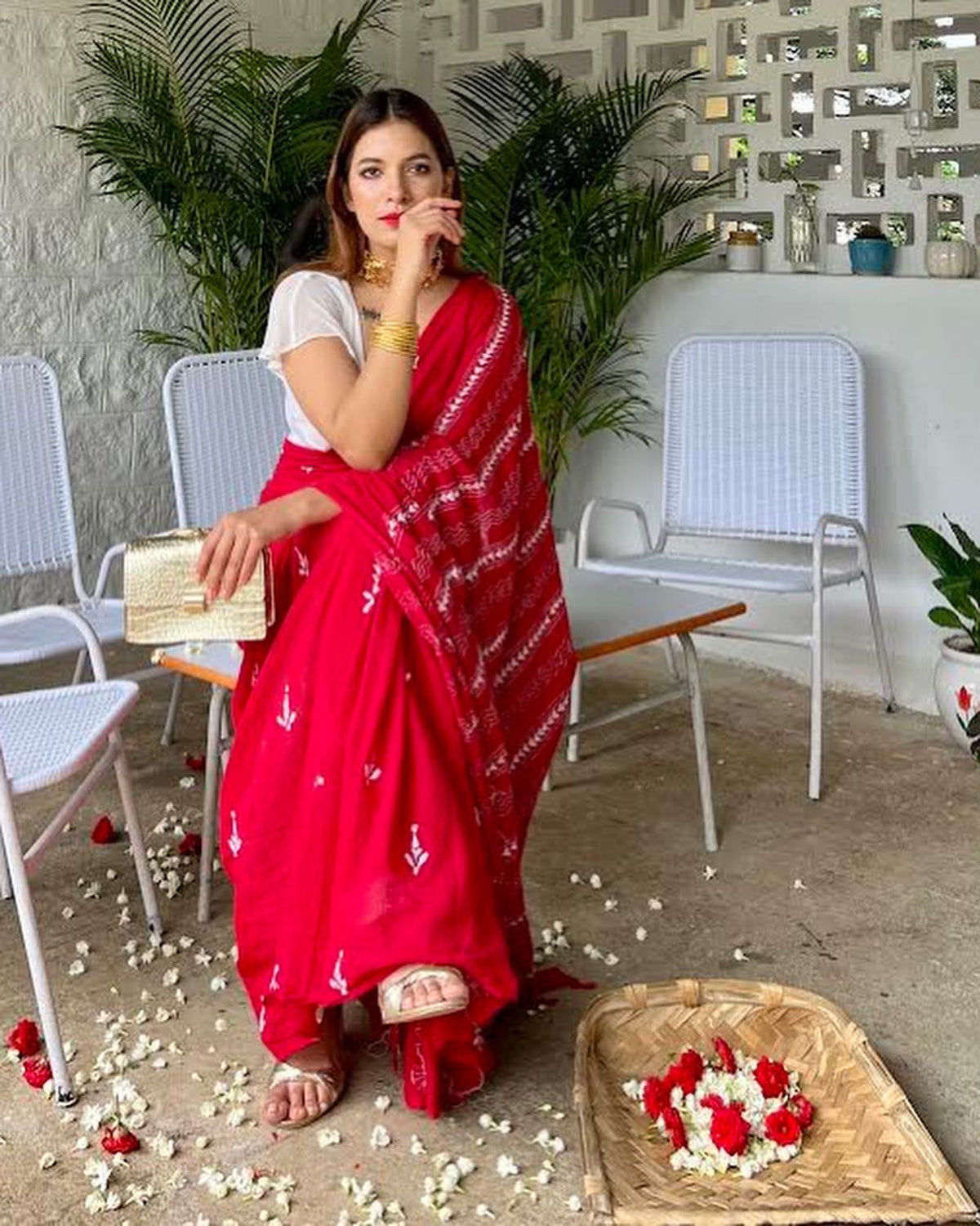 Red Mul Kantha stitch saree