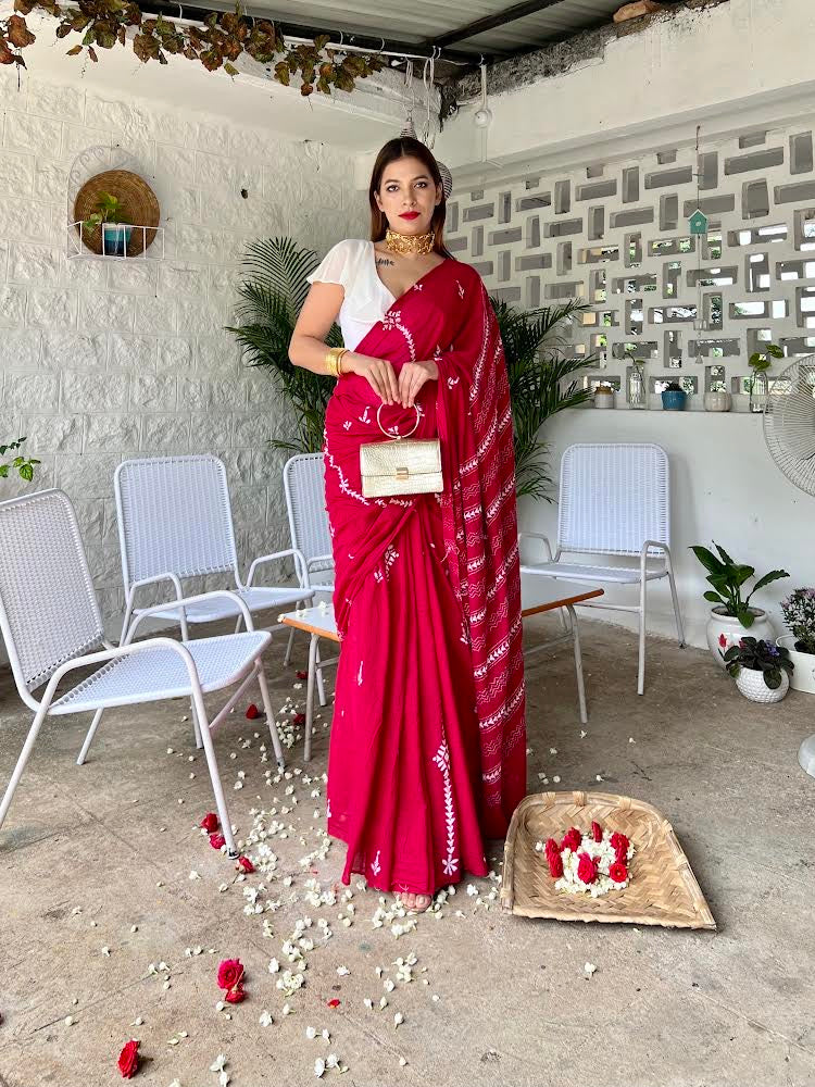 Red Mul Kantha stitch saree