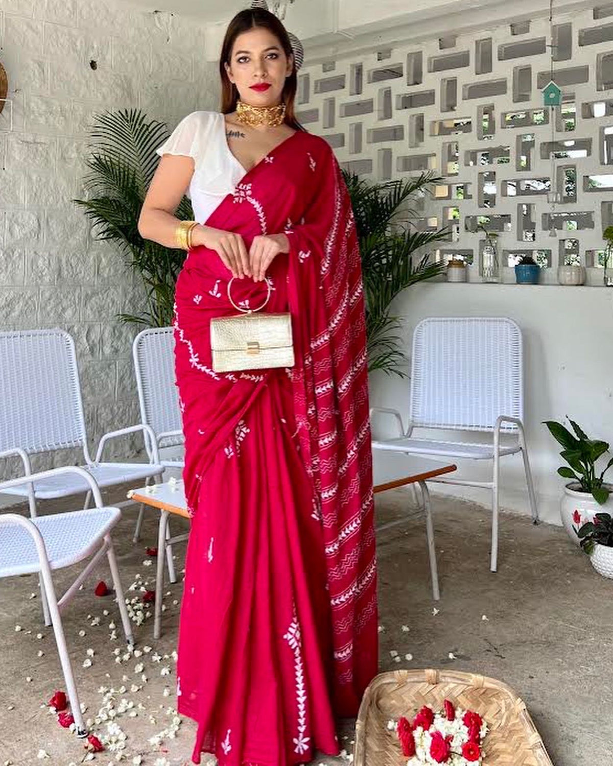 Red Mul Kantha stitch saree