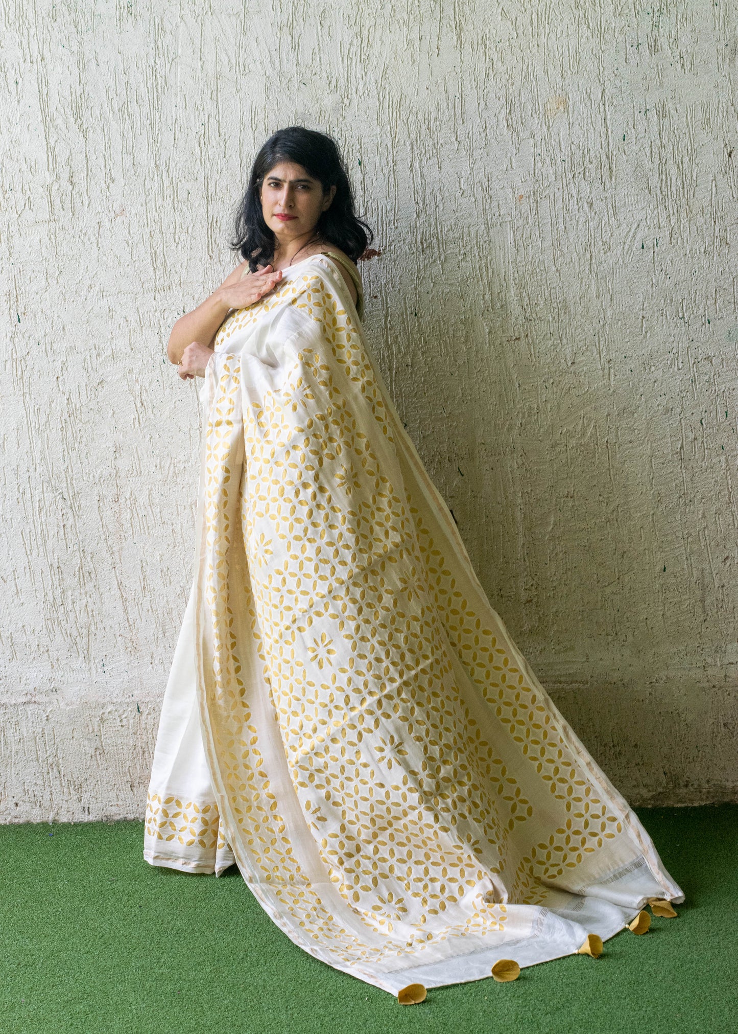 white  chanderi applique saree