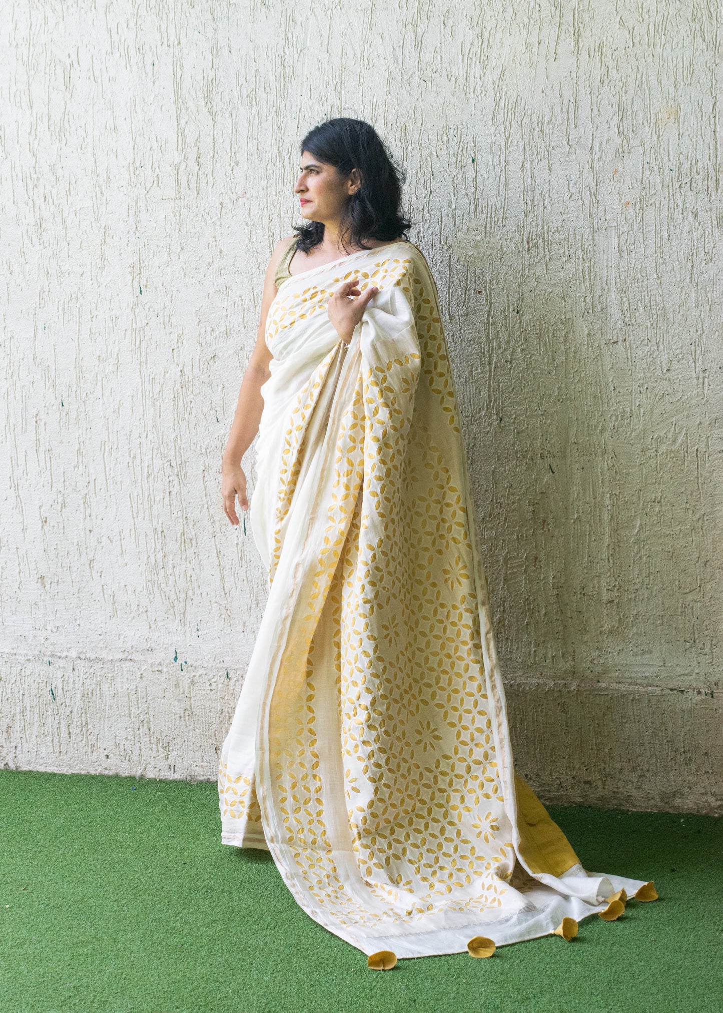 white  chanderi applique saree