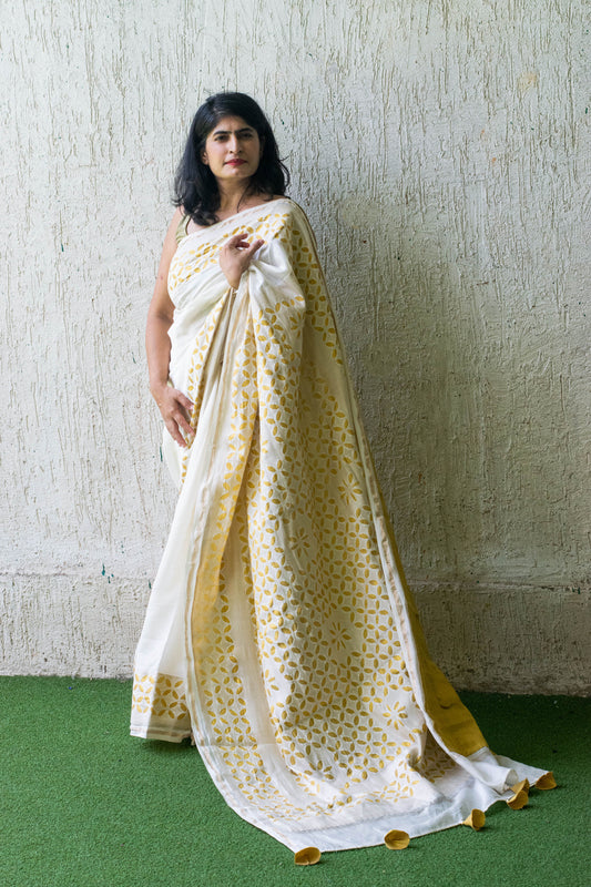 Off White Applique Chanderi Saree