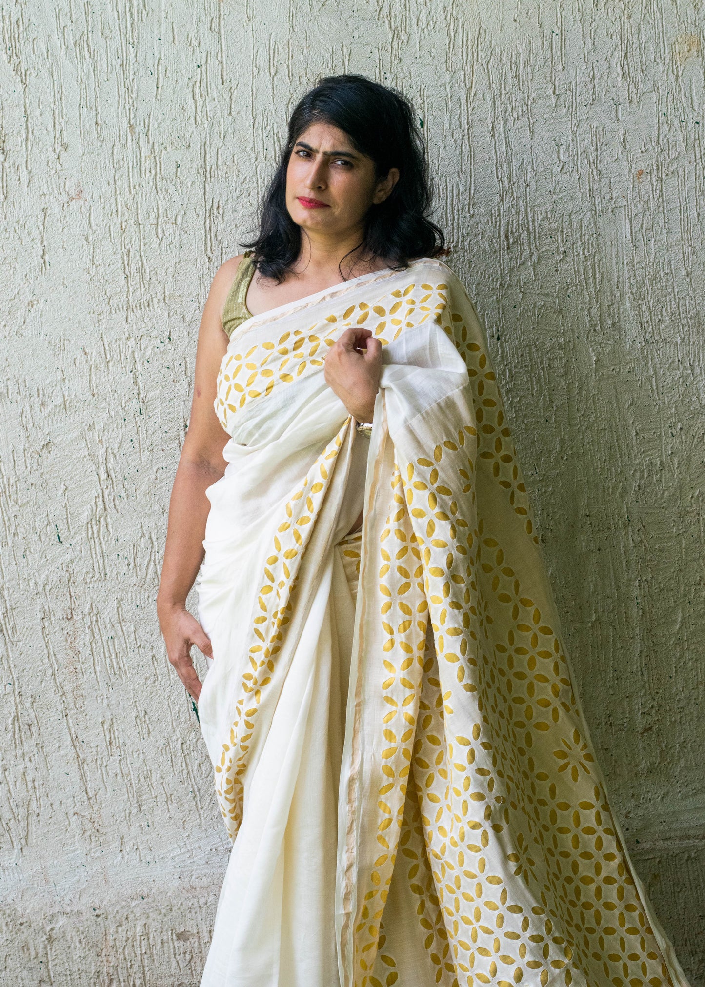 white  chanderi applique saree