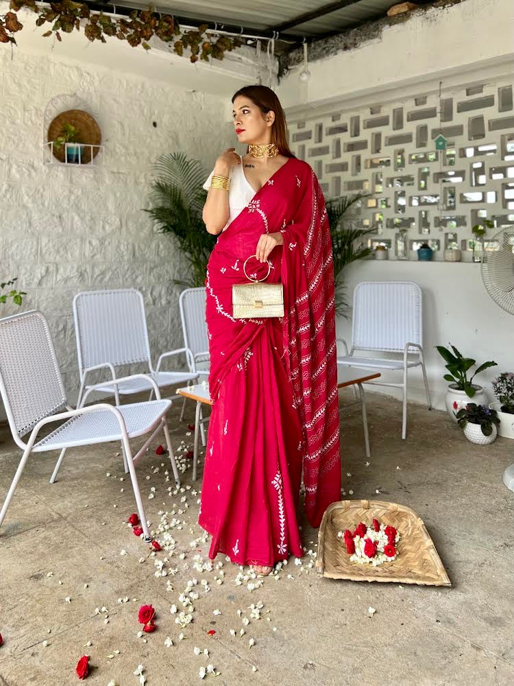 Red Mul Kantha stitch saree