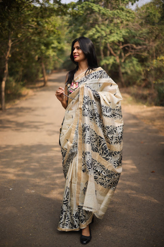 Beige Kosa Silk with Kantha Stitch