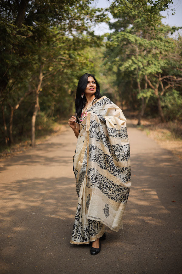 Beige Kosa Silk with Kantha Stitch