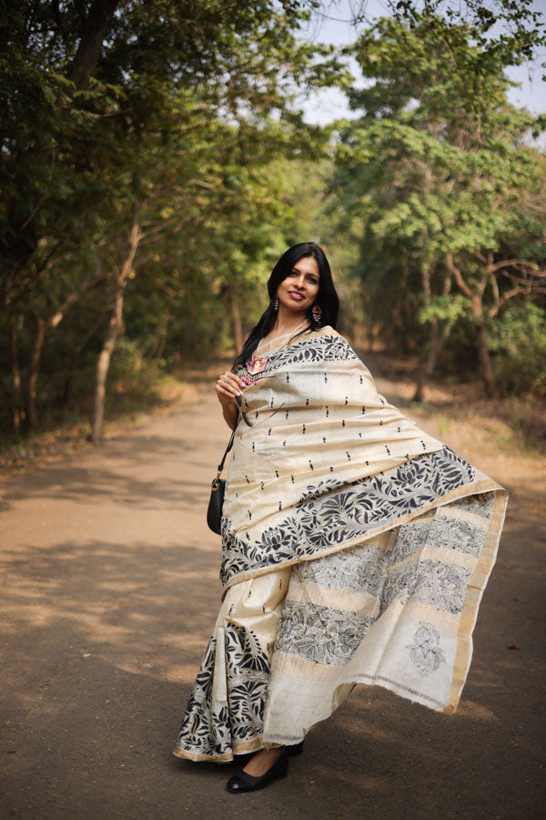 Beige Kosa Silk with Kantha Stitch