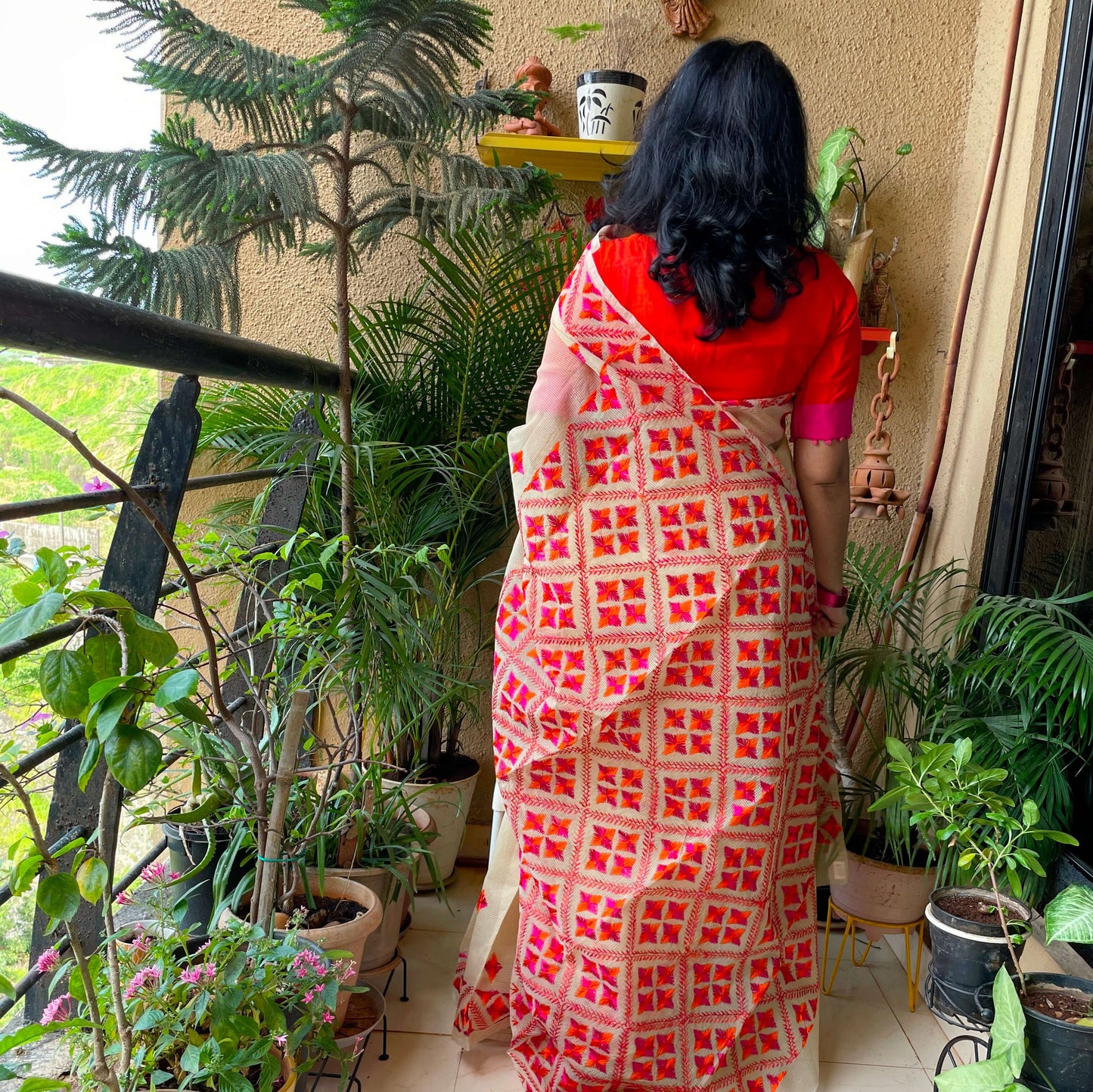 Beige orange Phulkari embroidery Saree