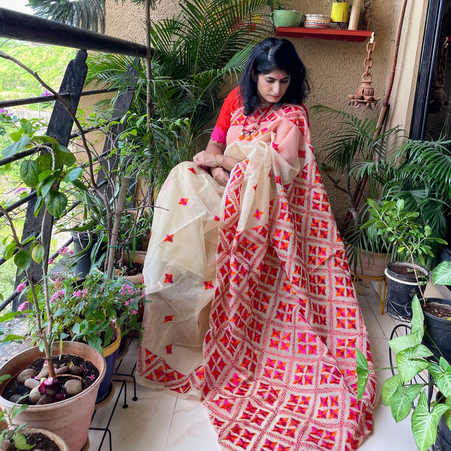 Beige orange Phulkari embroidery Saree