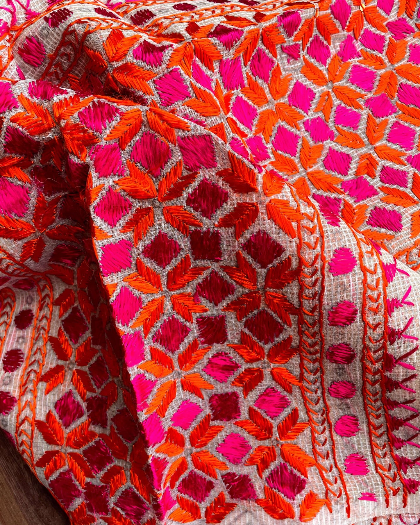 Beige red Phulkari embroidery Dupatta