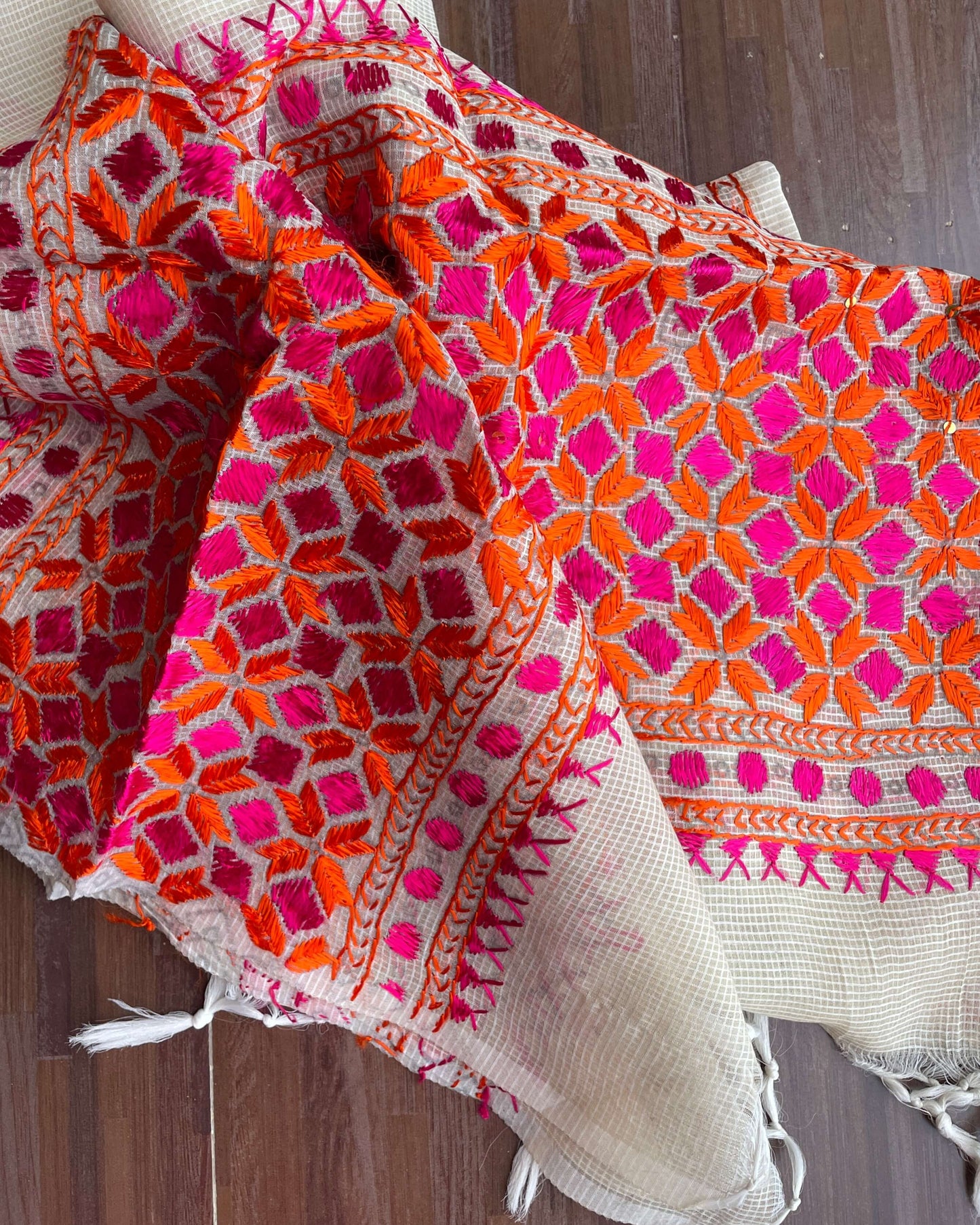 Beige red Phulkari embroidery Dupatta