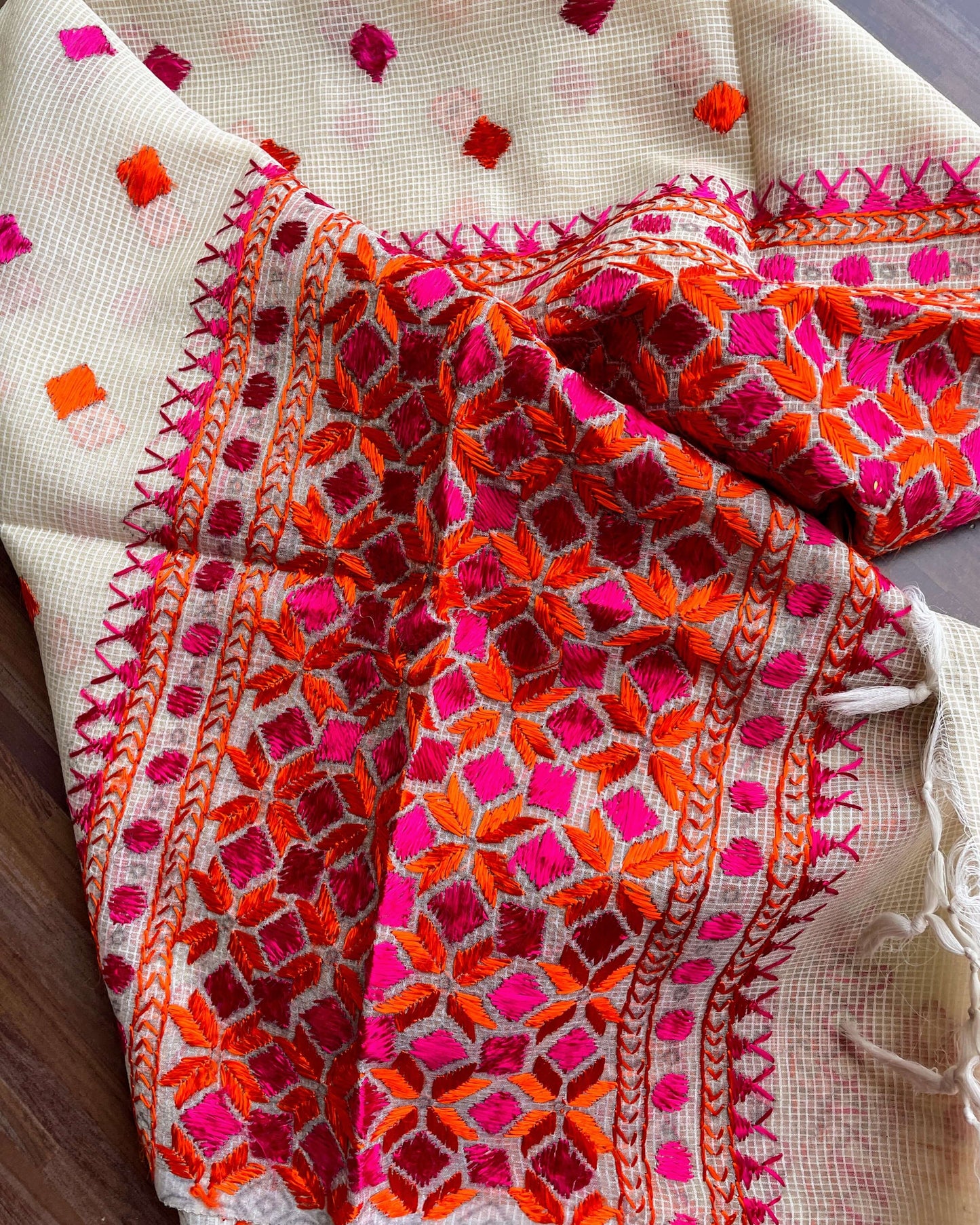 Beige red Phulkari embroidery Dupatta