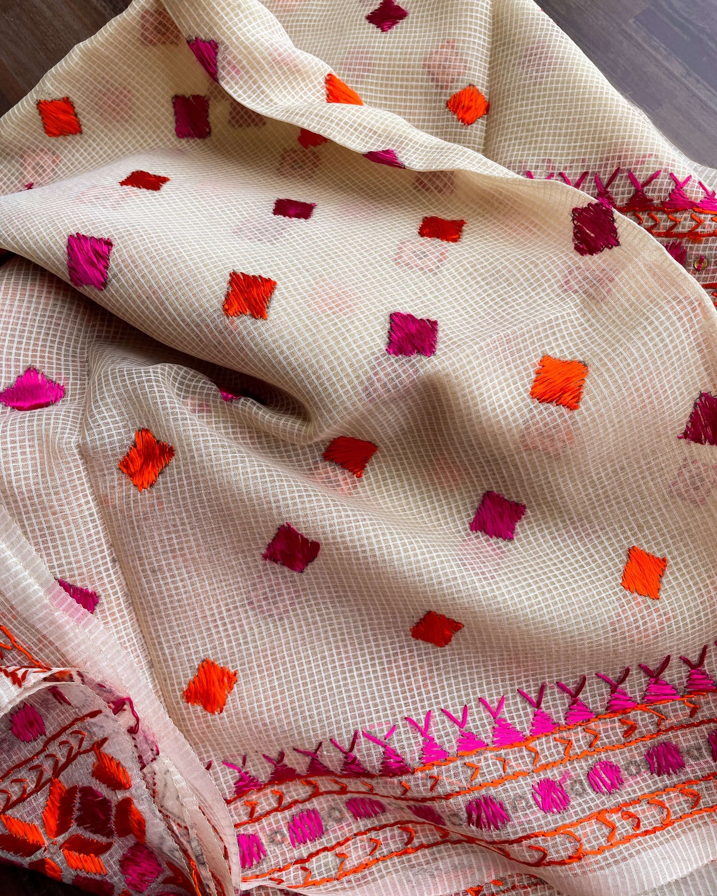 Beige red Phulkari embroidery Dupatta