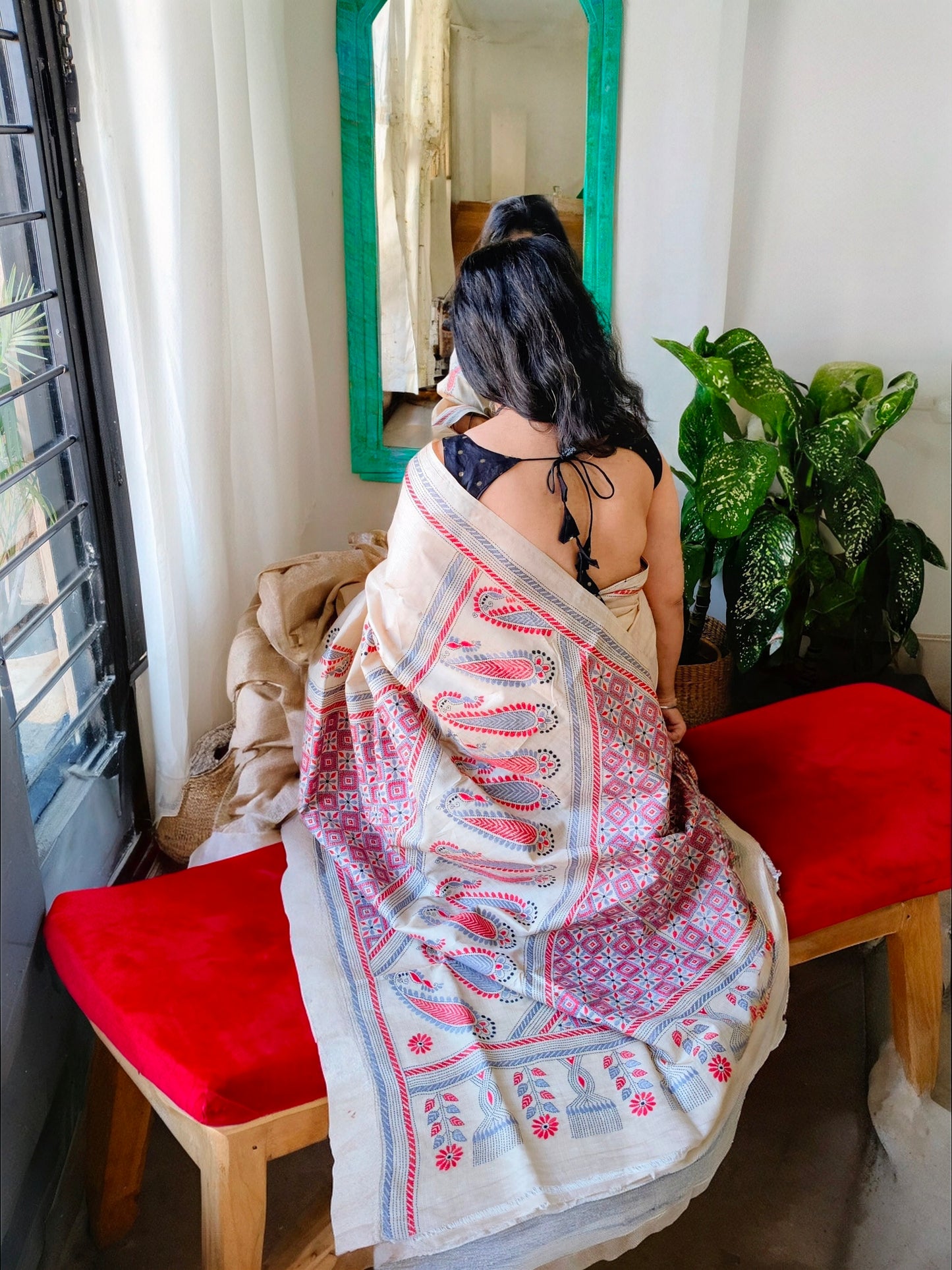 Beige Silk with Kantha Stitch