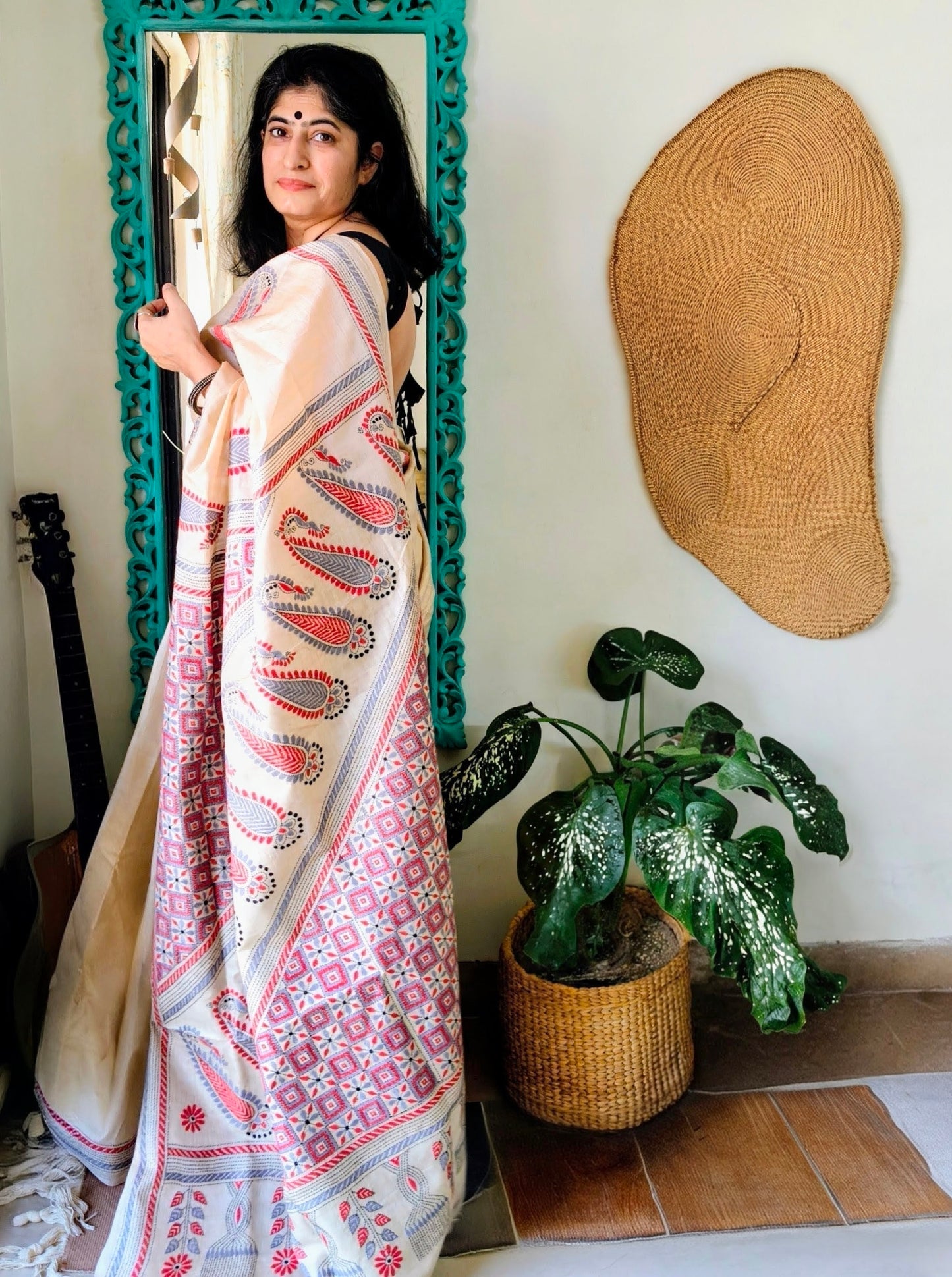 Beige Silk with Kantha Stitch