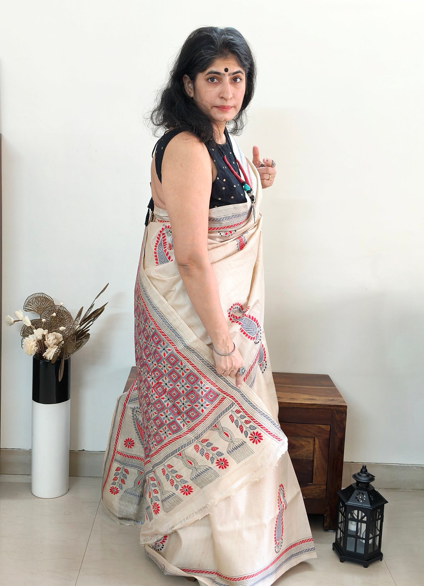 Beige Silk with Kantha Stitch