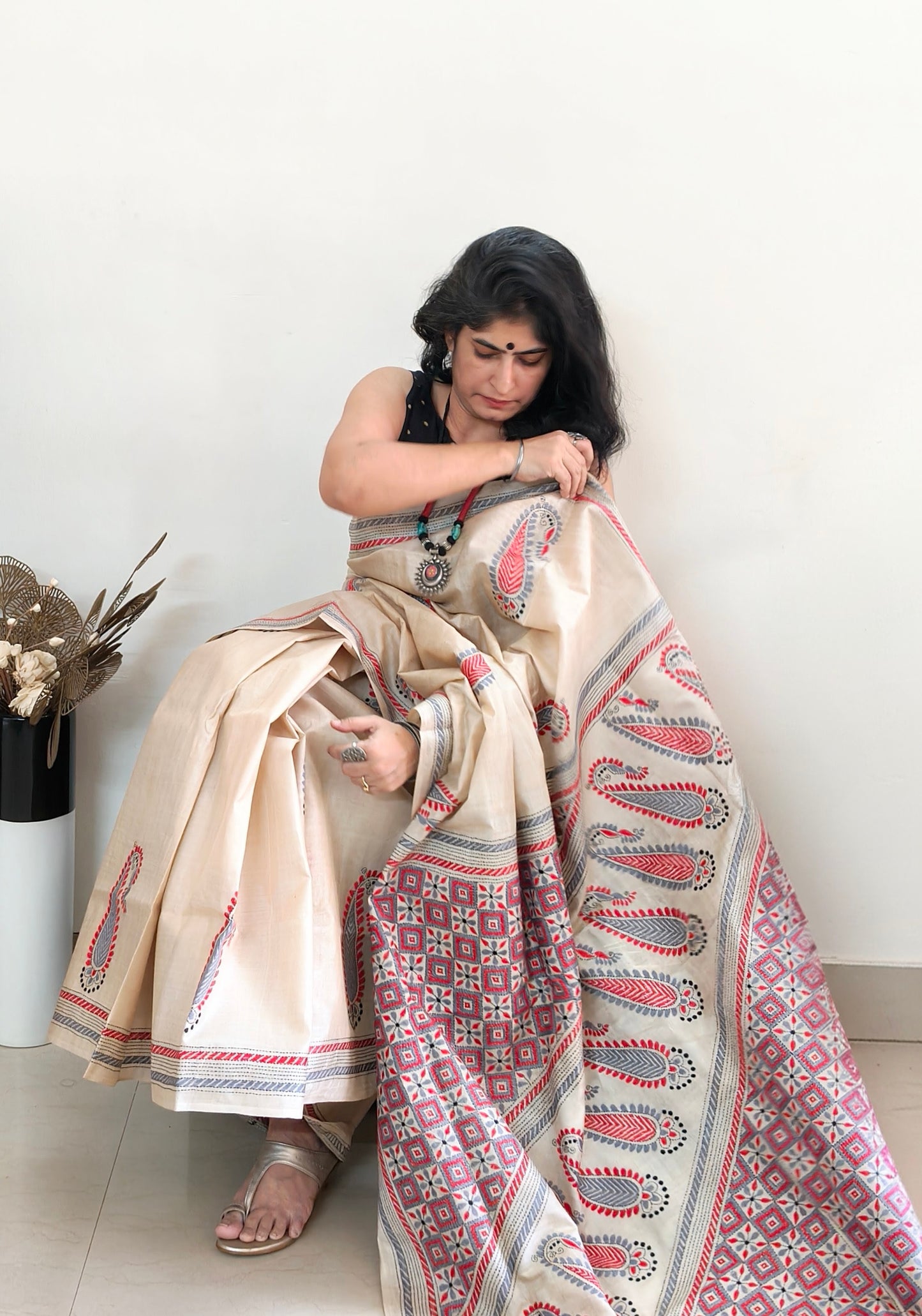 Beige Silk with Kantha Stitch