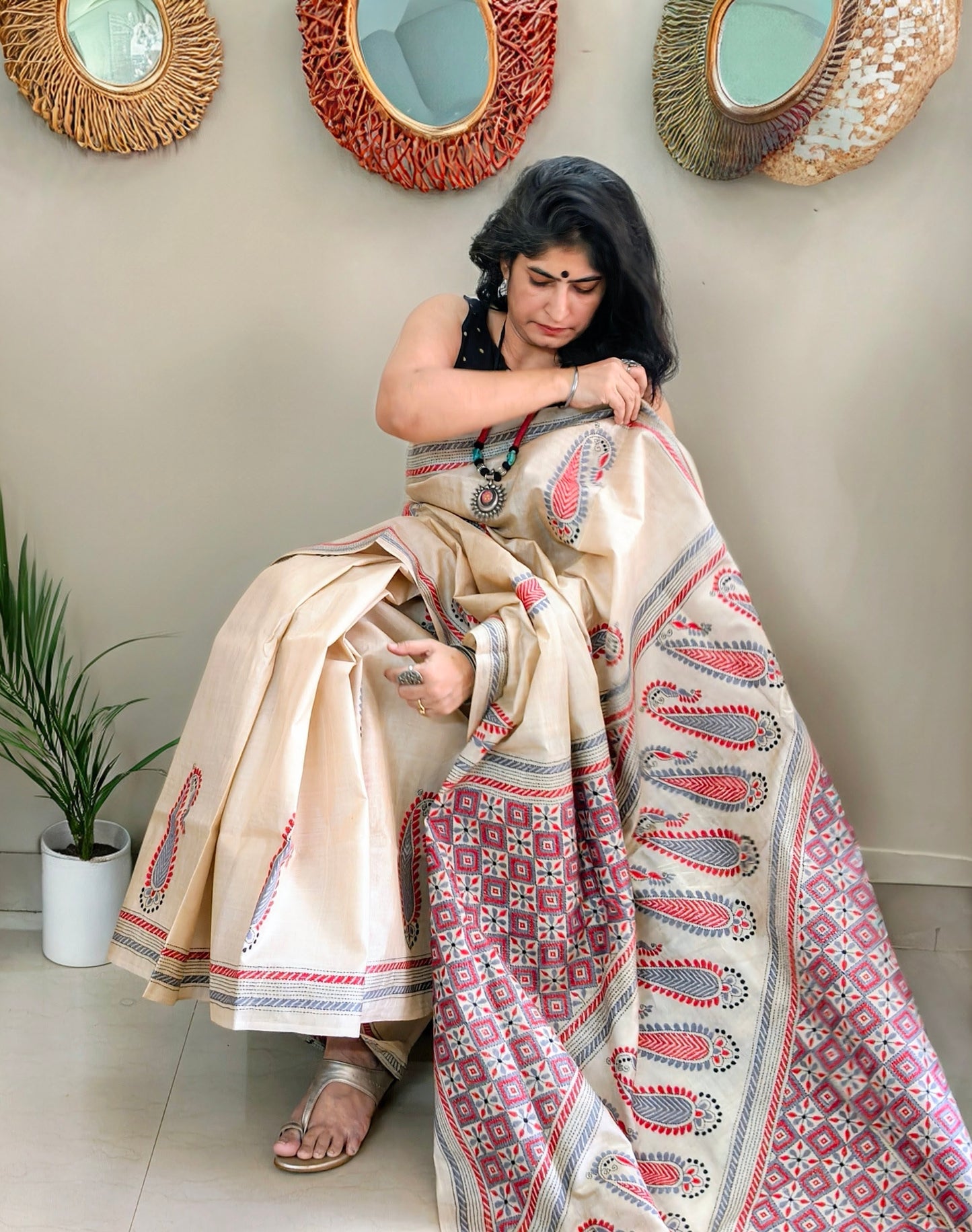 Beige Silk with Kantha Stitch