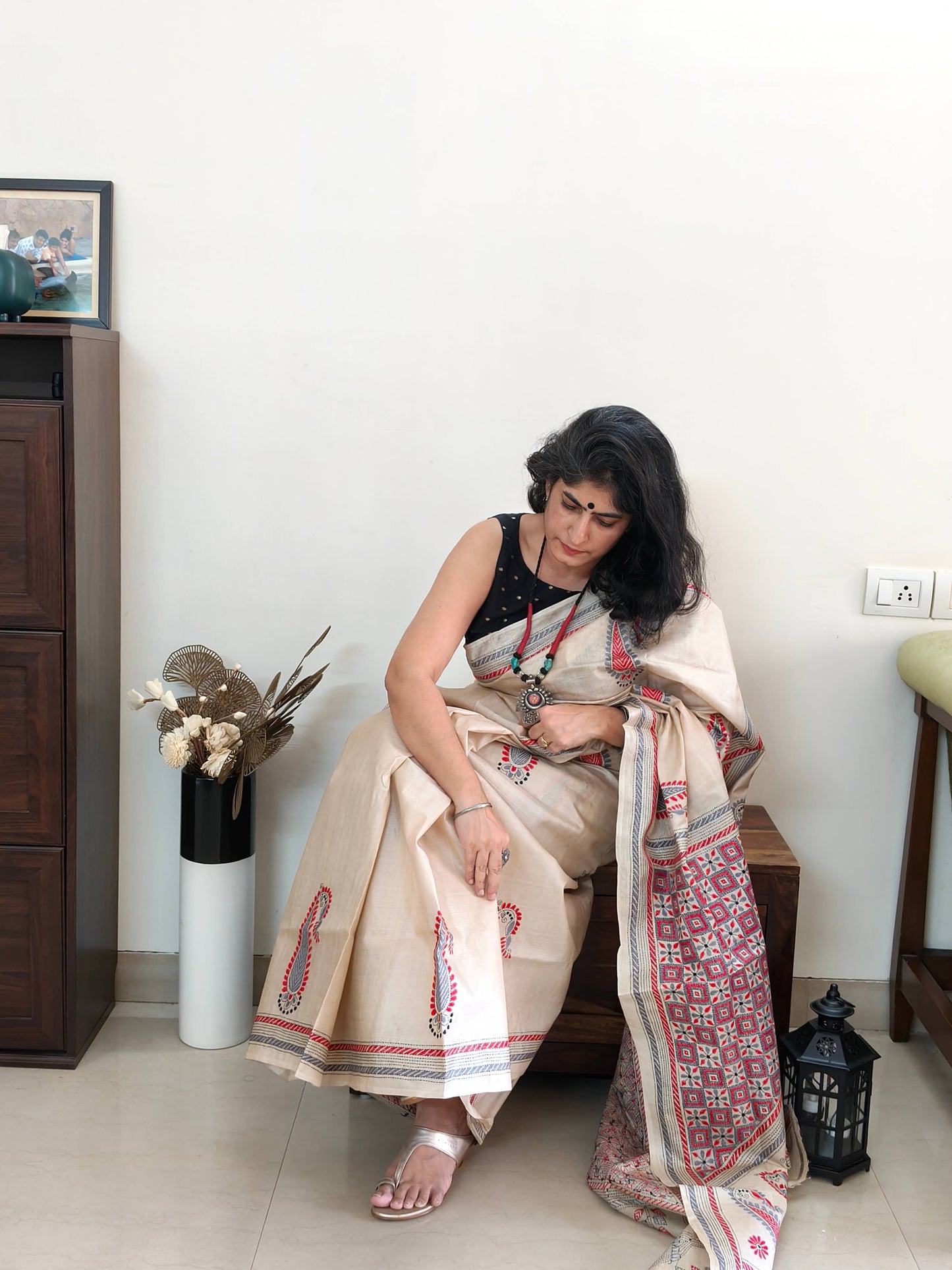 Beige Silk with Kantha Stitch