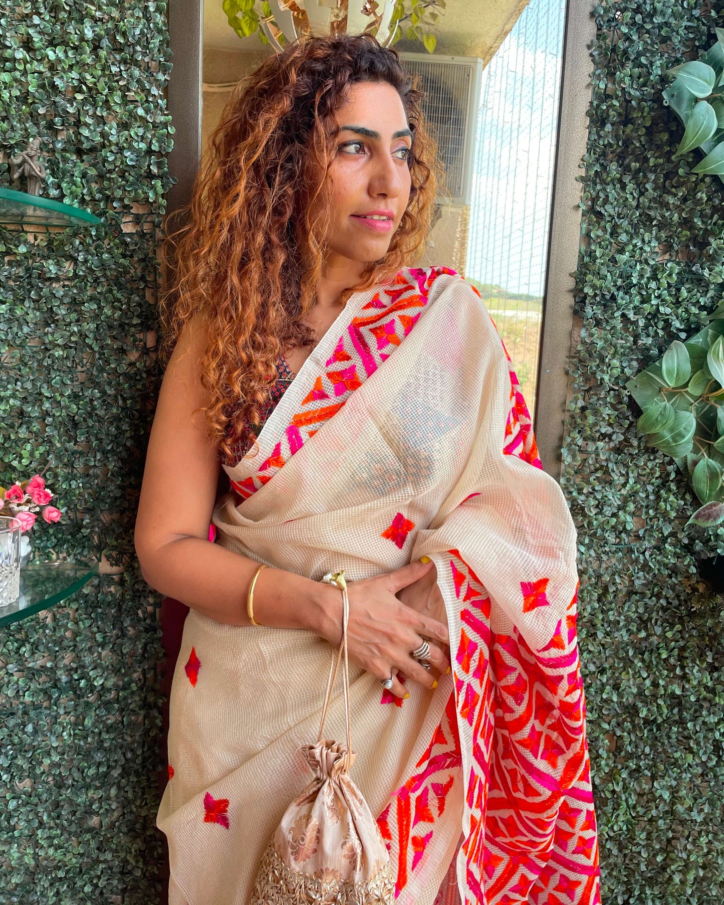 Beige Phulkari Saree with orange embroidery