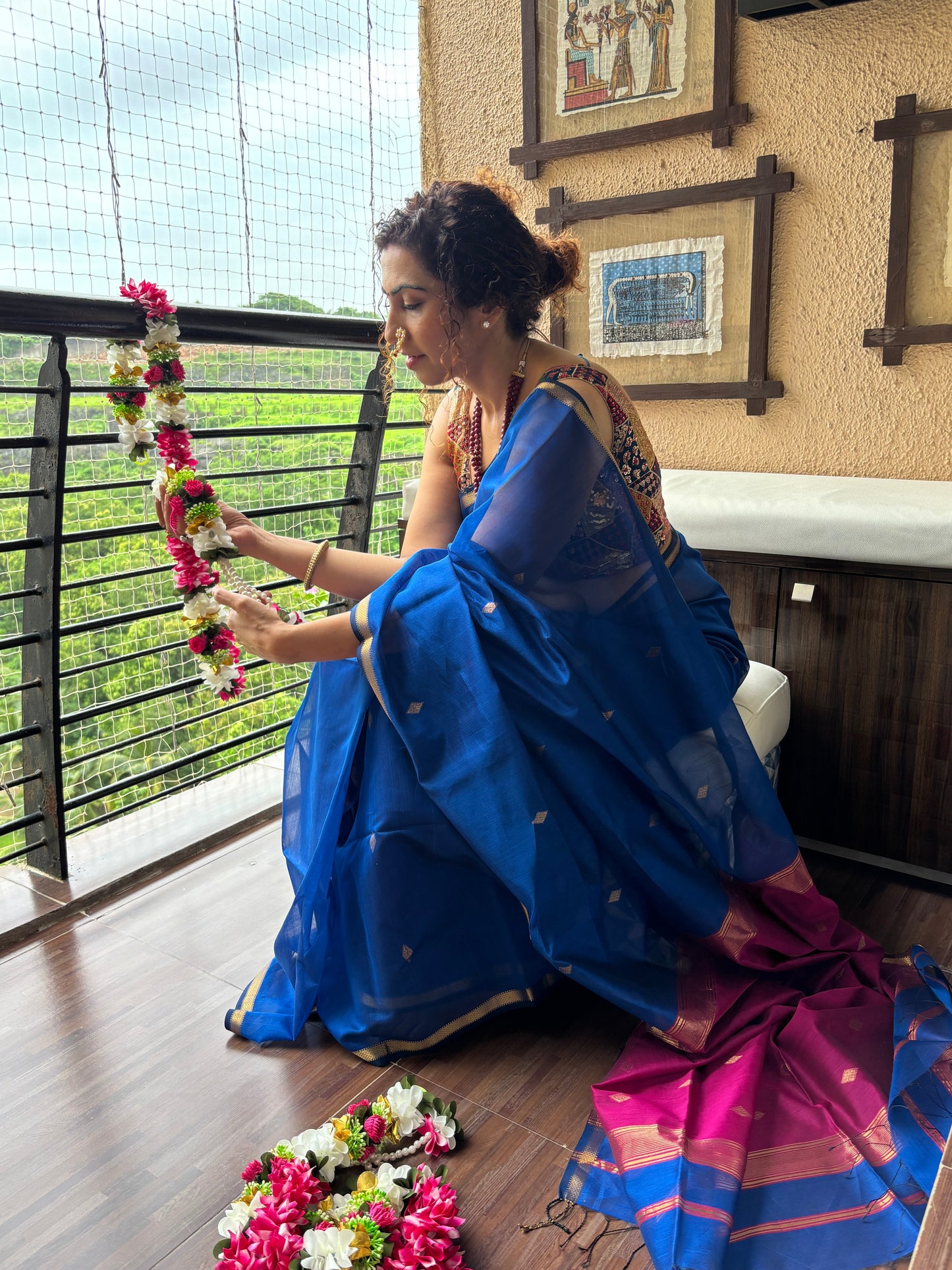 Neela Blue Maheshwari Saree ~ Rang collection