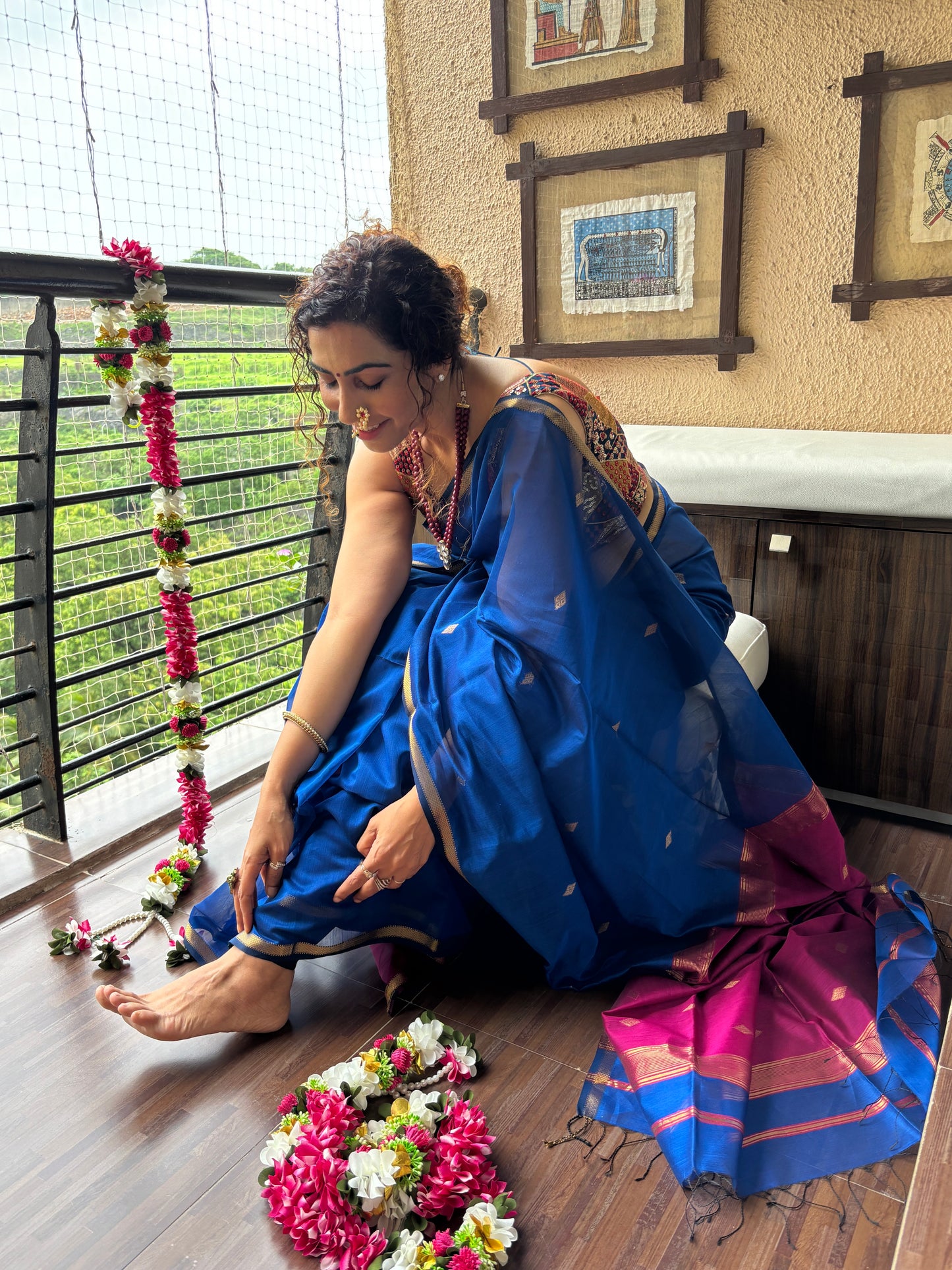 Neela Blue Maheshwari Saree ~ Rang collection