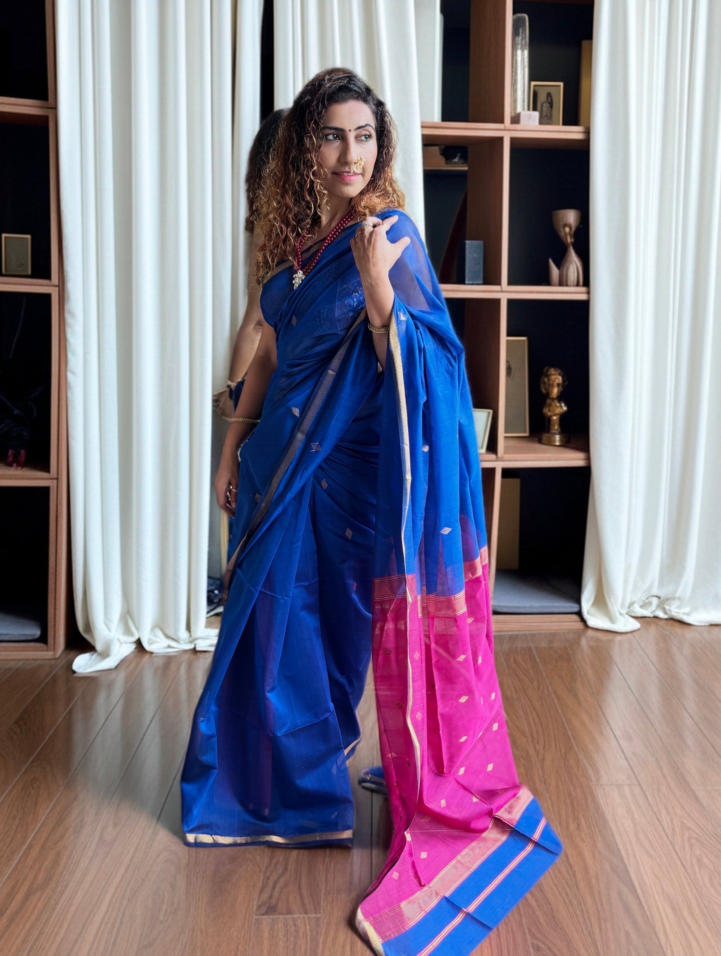 Neela Blue Maheshwari Saree ~ Rang collection