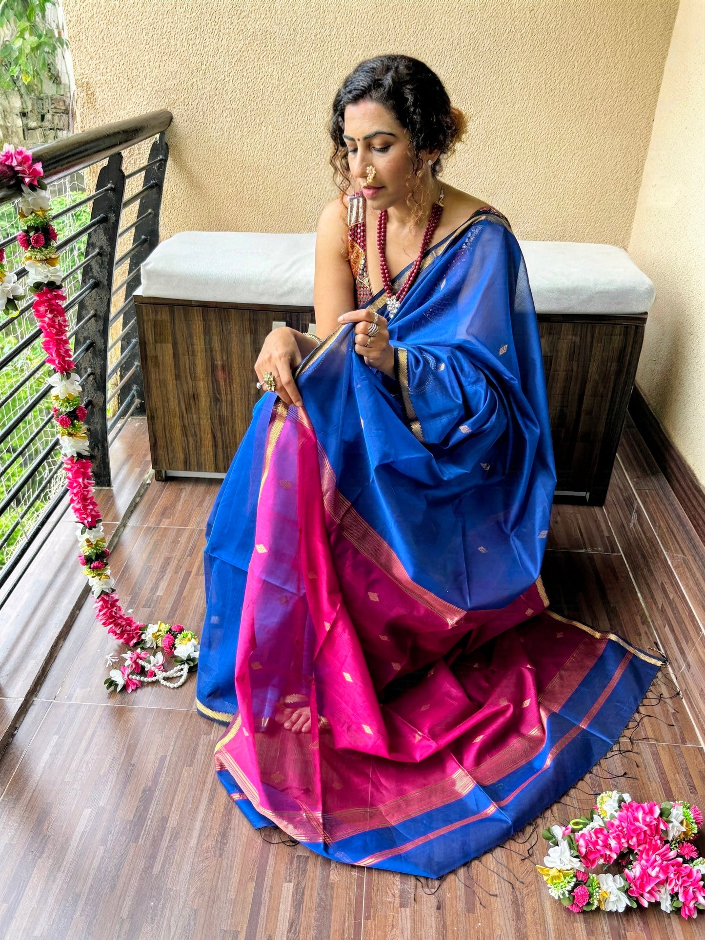 Neela Blue Maheshwari Saree ~ Rang collection