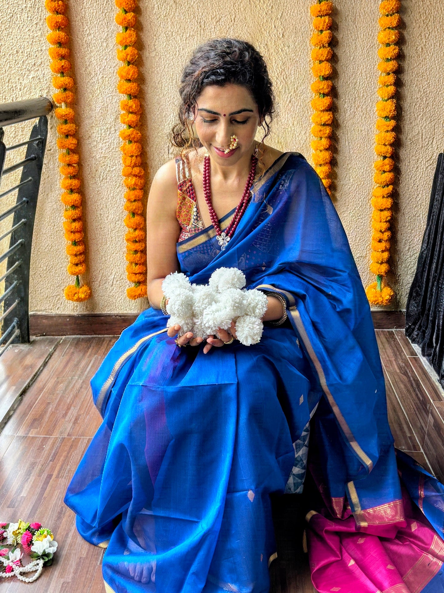 Neela Blue Maheshwari Saree ~ Rang collection