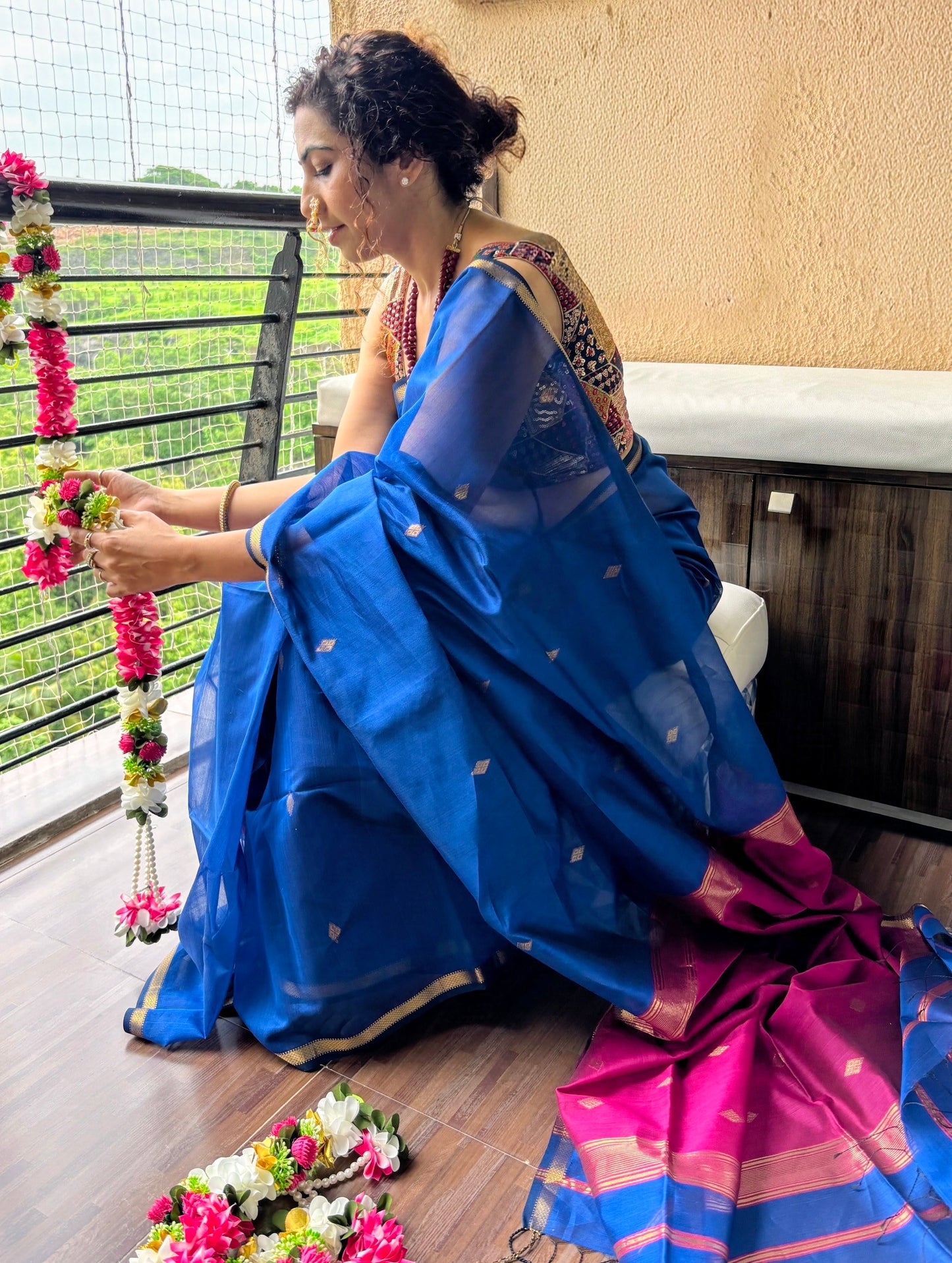 Neela Blue Maheshwari Saree ~ Rang collection