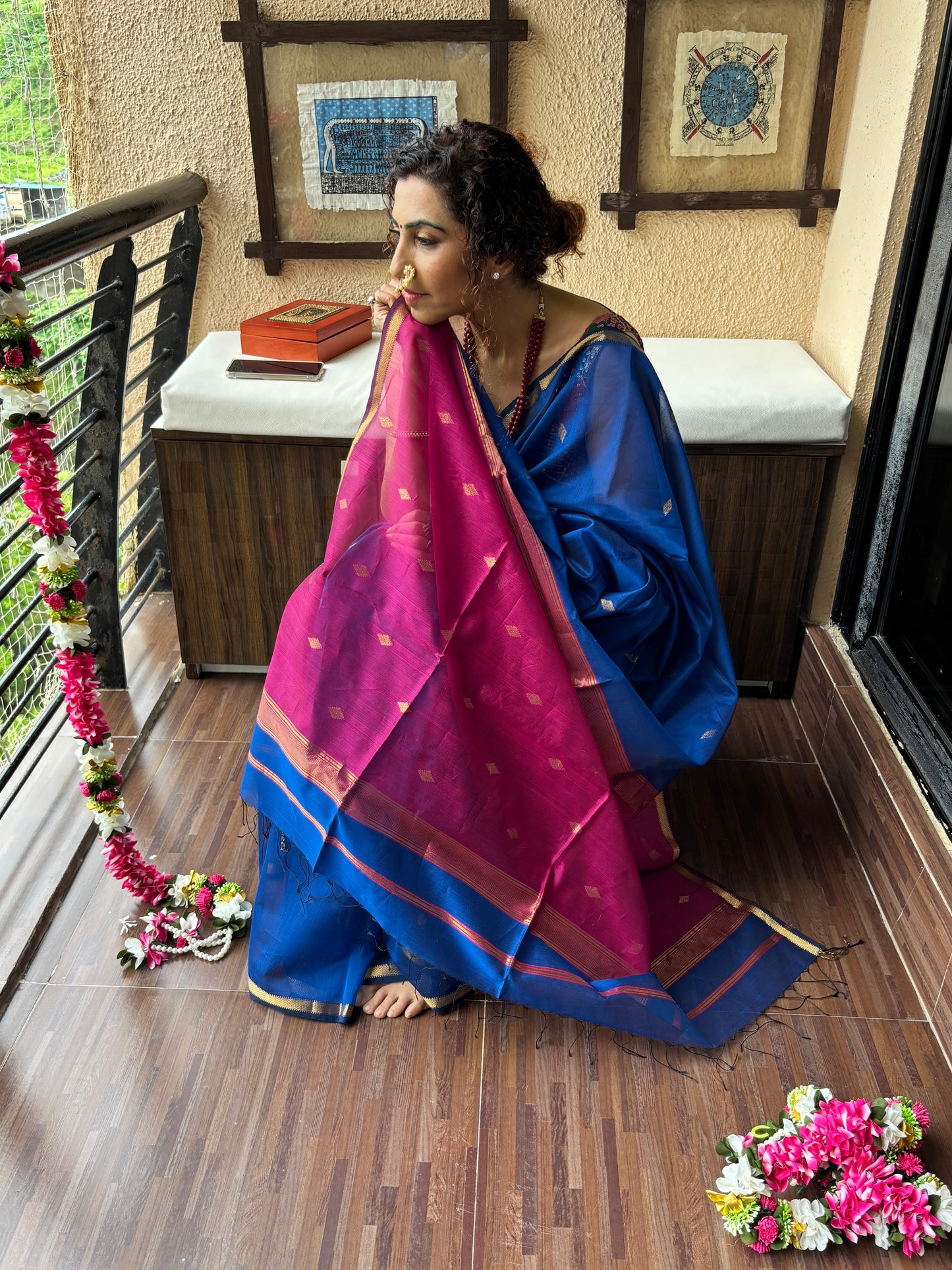 Neela Blue Maheshwari Saree ~ Rang collection