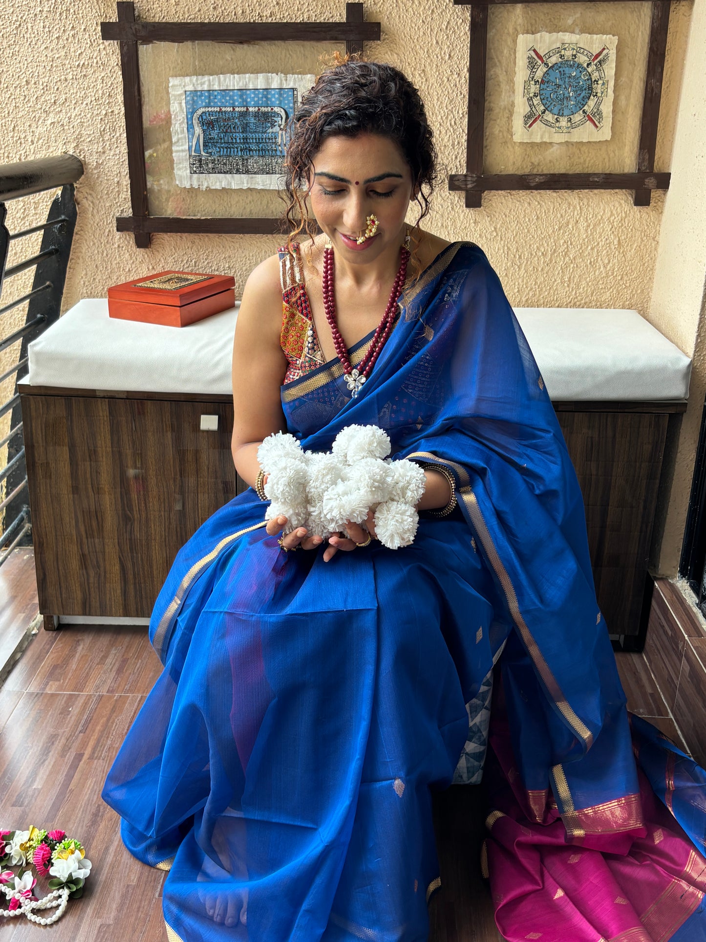 Neela Blue Maheshwari Saree ~ Rang collection