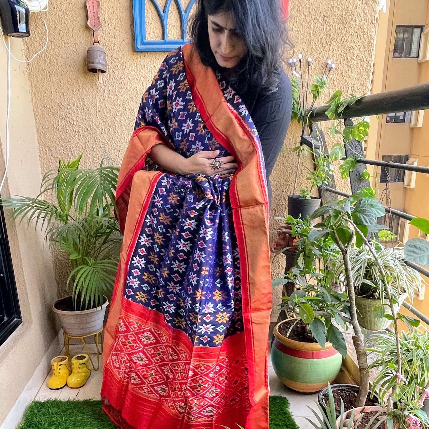 Blue Red Pochampally Silk Dupatta